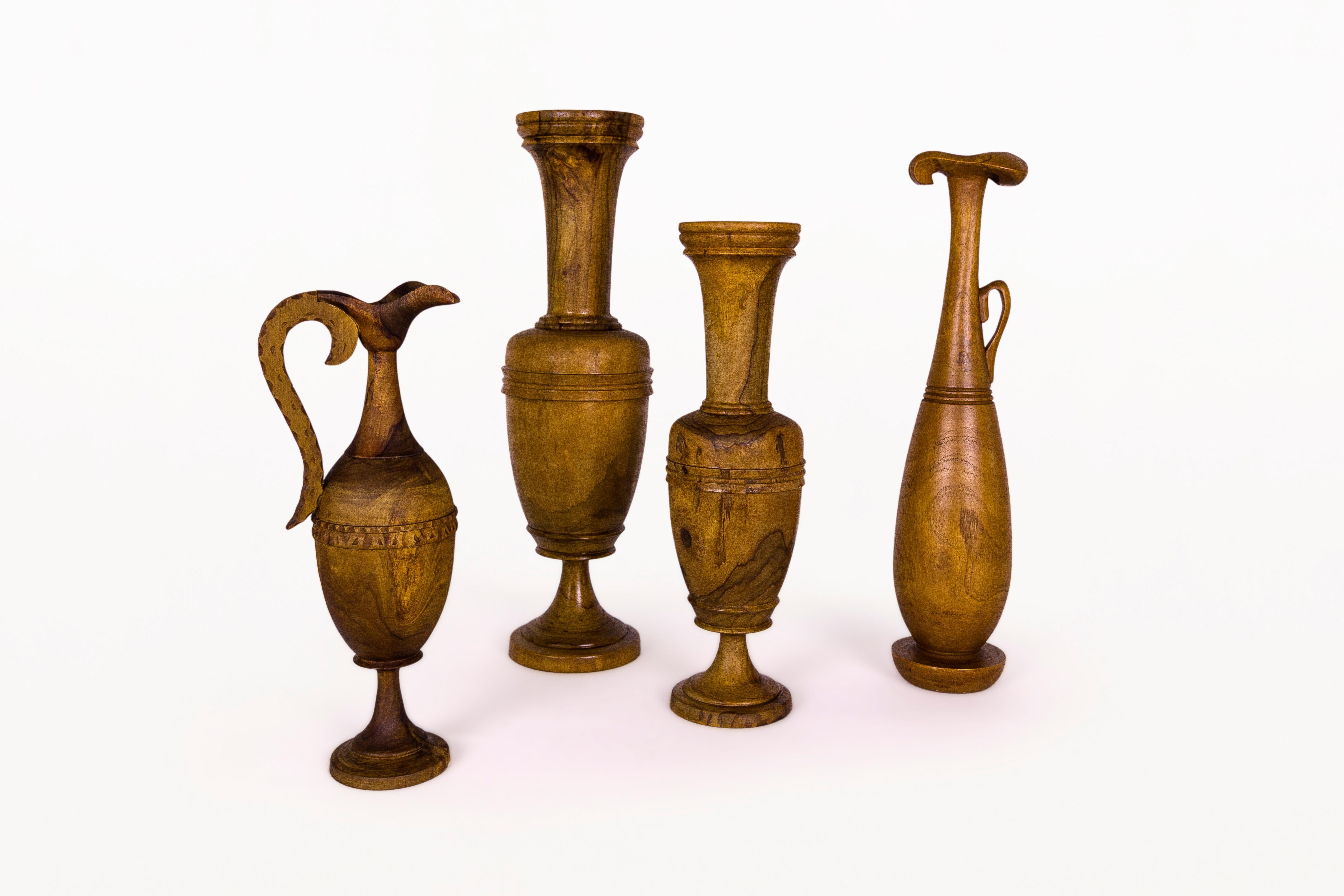 Collection of wooden Urns.
Made with olive wood.
Turned, sculpted wood
Classic Greek designs
circa 1960, Greece.
Very good vintage condition.