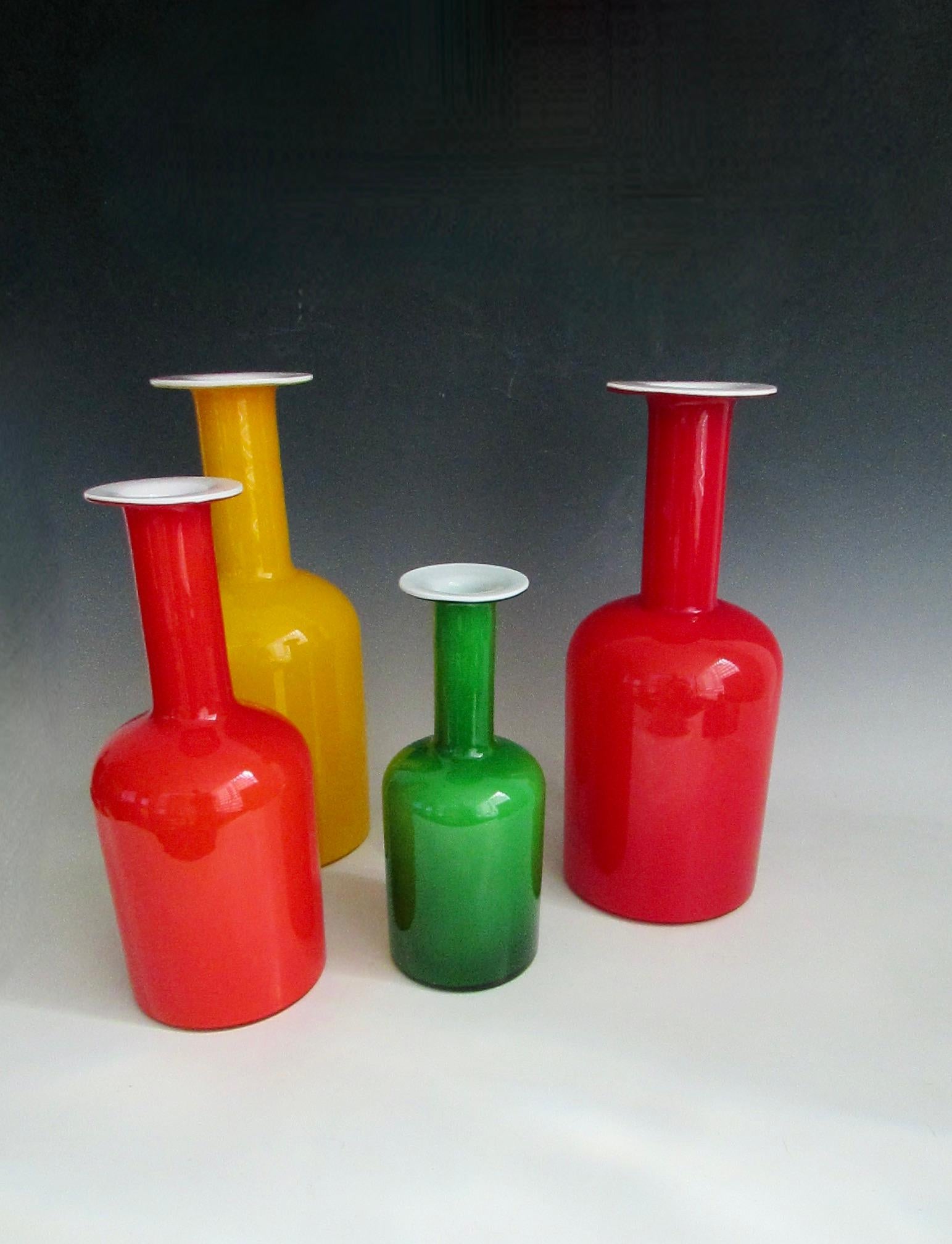 Scandinavian Modern Collection of Yellow Red Green Otto Brauer for Holmegaard glass Bottle Gulvvases For Sale
