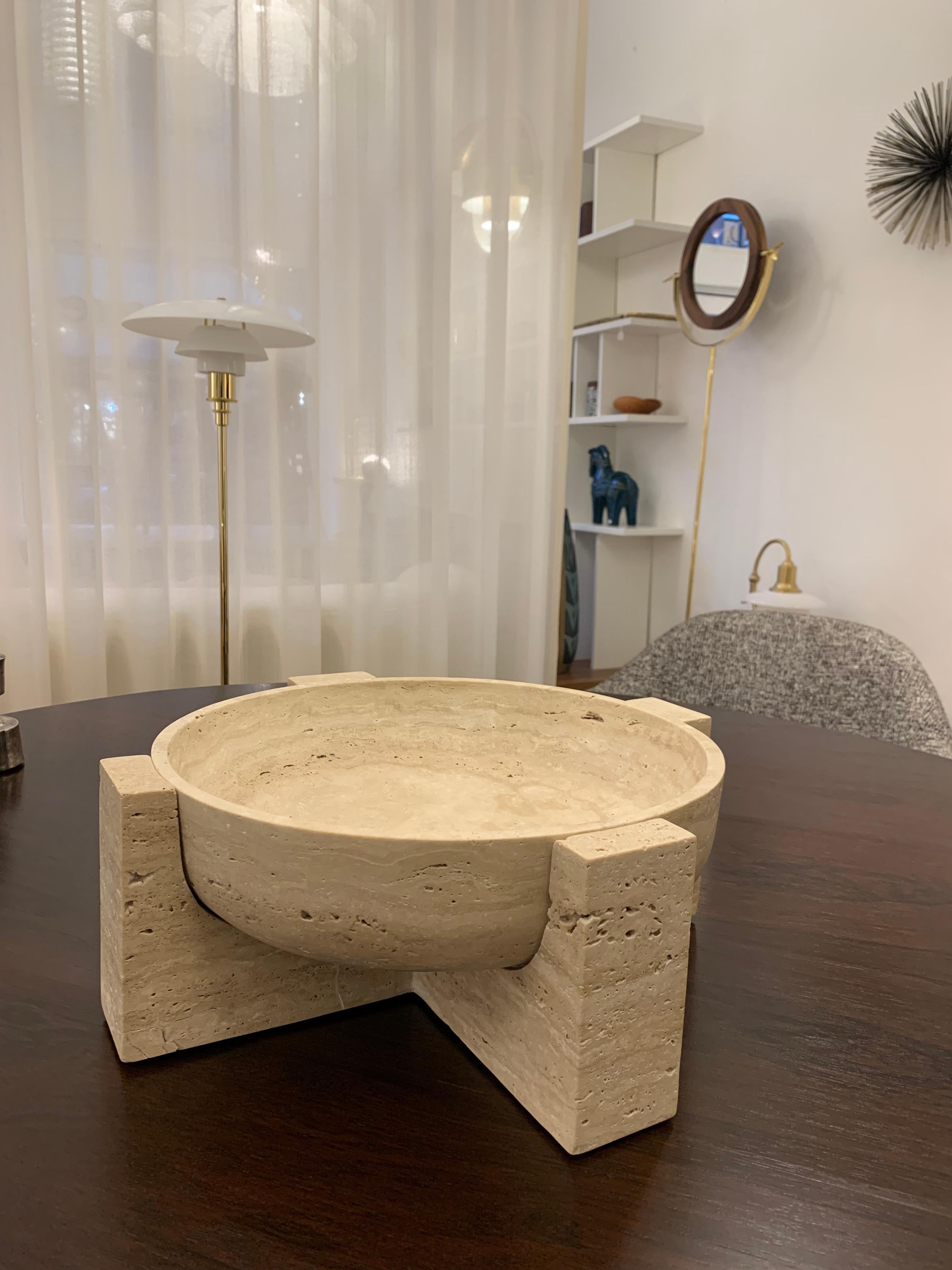 Large Romain Travertine 'Key' Fruit Bowl by Arno Declercq for Collection Particulière, France. 

Collection Particulière is a Parisian company, known for its unique artisan hand-made objects. Each object is unique and made from high-quality