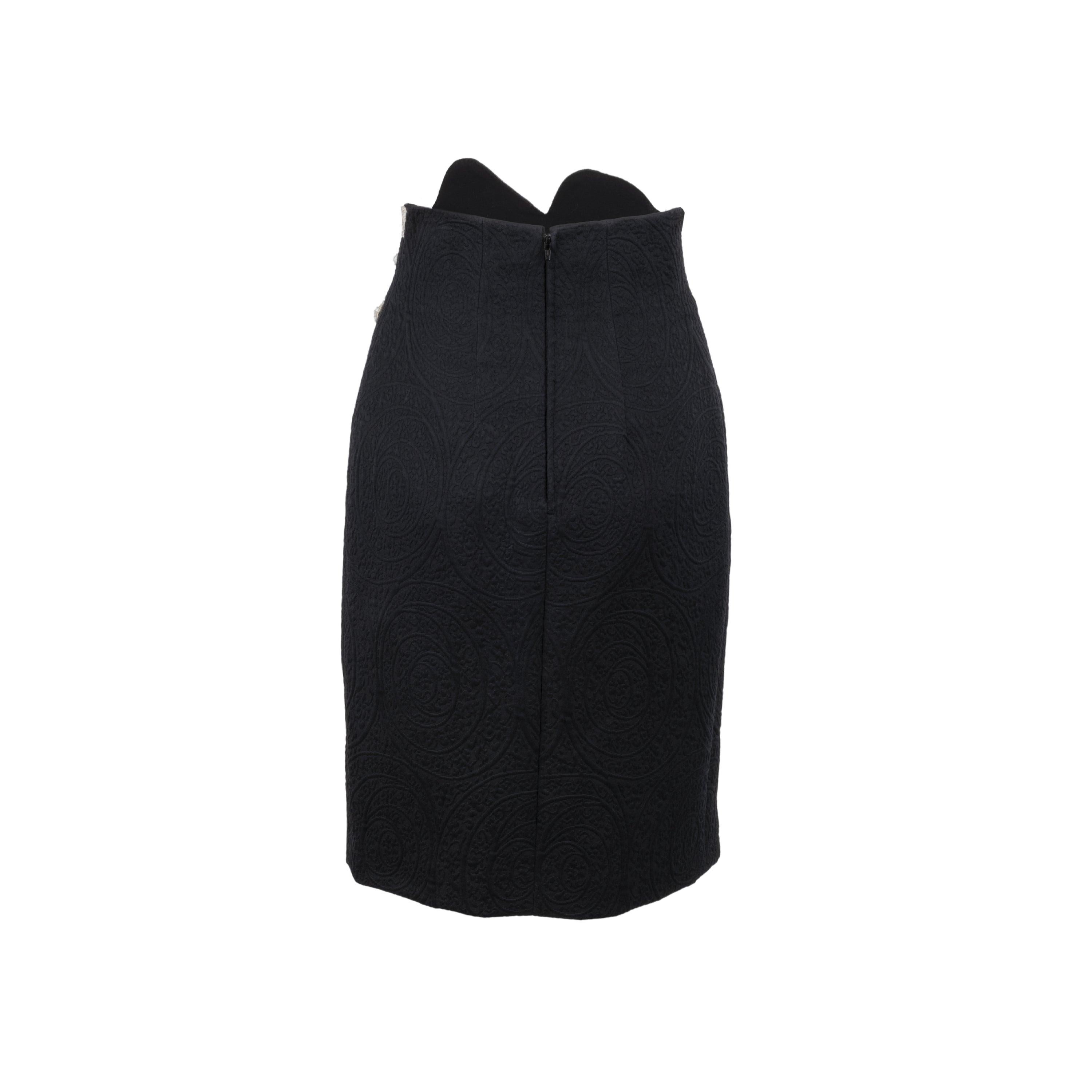 Collection Privée black cotton skirt, decorated with white handmade embroidery embellished with beads, jais and raffia applications. Waist:34;Hip:46;Total Length:62