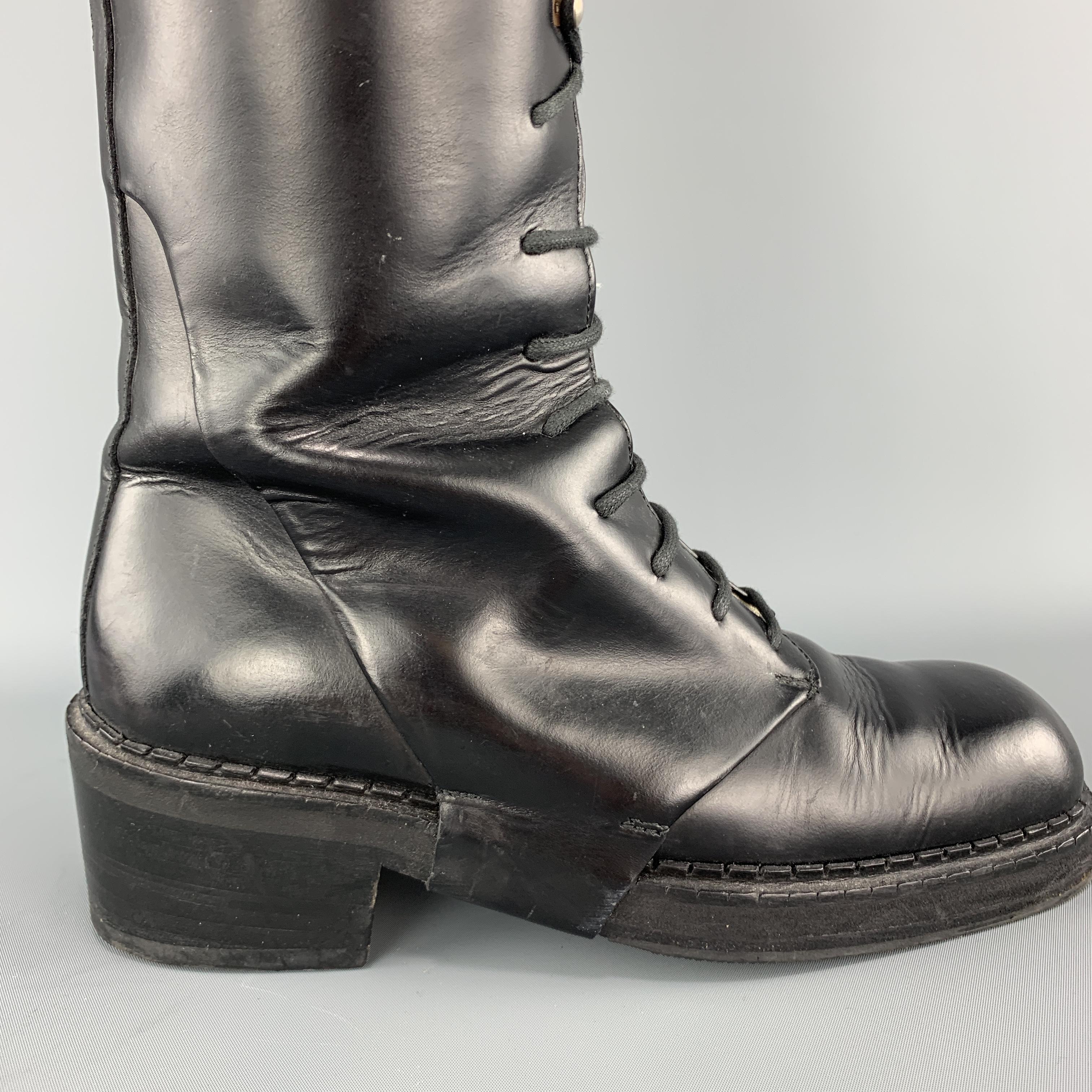 COLLECTION PRIVEE? Size 8 Black Leather Lace Up Knee Hgh Boots In Good Condition In San Francisco, CA