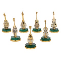 Collection Seven Italian Modern Miniature Musical Instruments Silver Malachite