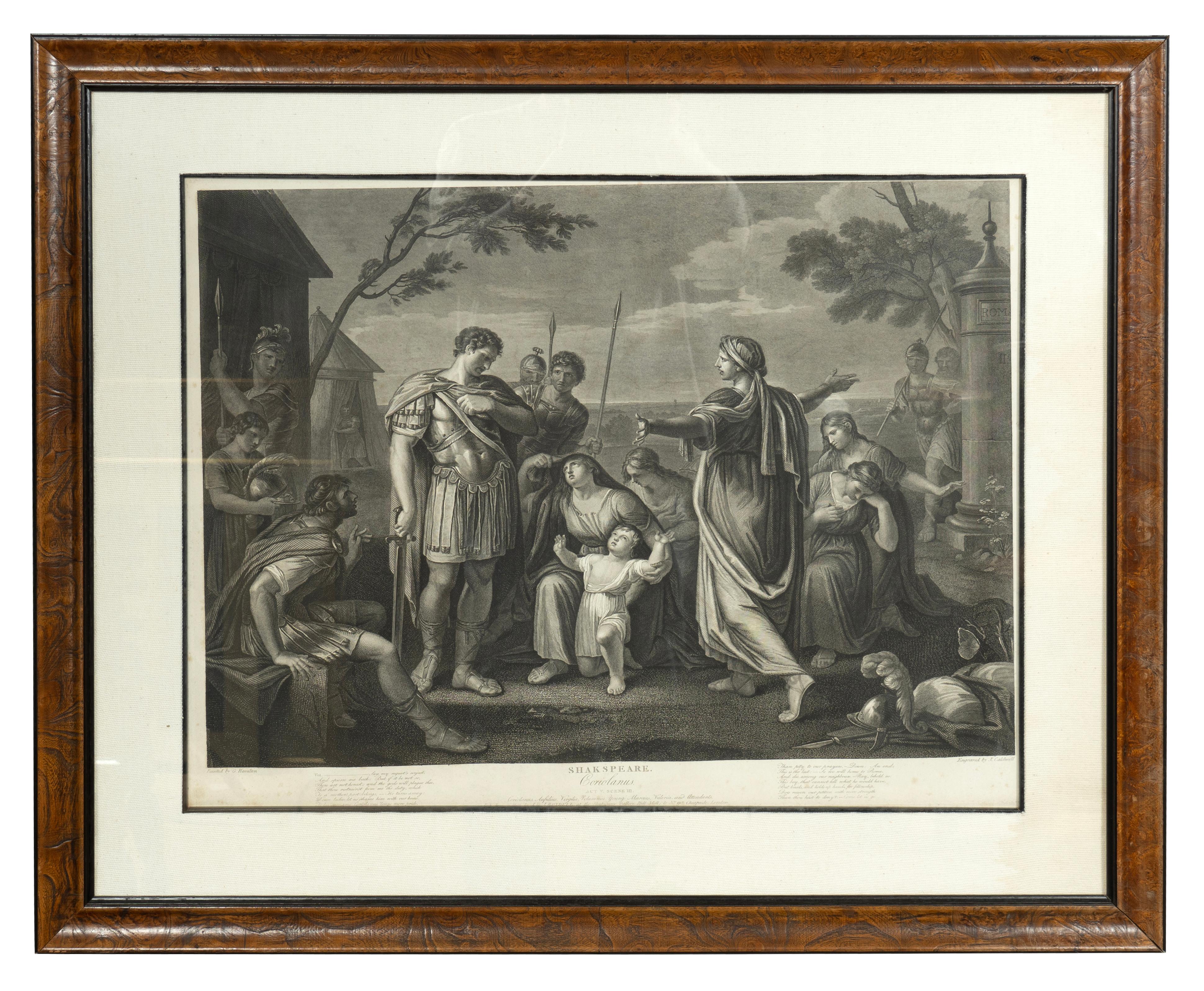 Six scènes encadrées tirées de pièces de Shakespeare. Ca 1798 et publié par Boydell. La galerie Shakespeare a ouvert ses portes sur Pall Mall en 1789, à l'initiative de l'éditeur d'estampes John Boydell, en raison de l'énorme intérêt suscité par