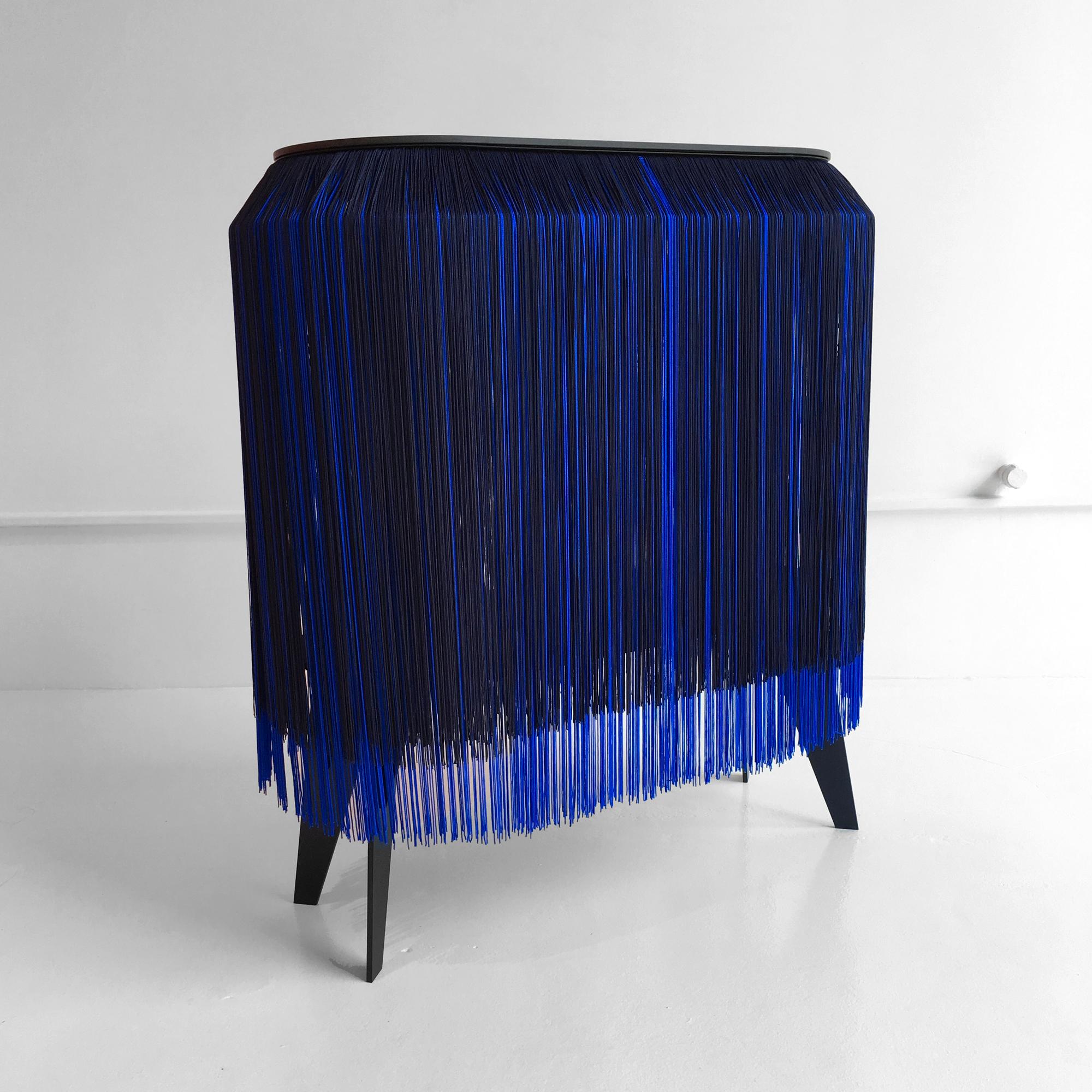 Contemporary Blue Fringe Side Table / Nightstand, Made in France For Sale