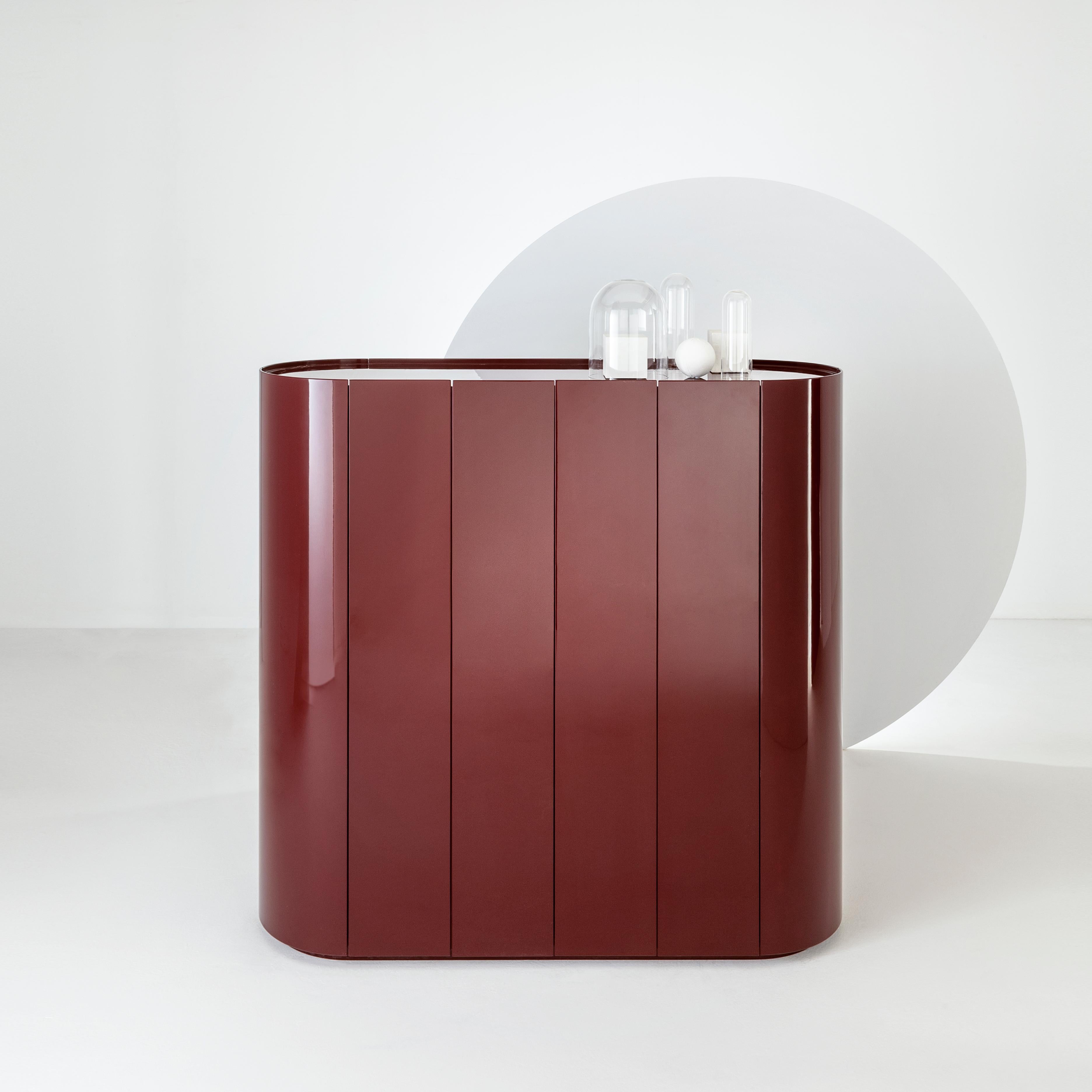 Collectionist Buffet Sideboard by Laurameroni
Dimensions: W 146 x D 50 x H 140 cm
Materials: Glossy lacquered wood; int. Matt lacquered wood. 

Medium cabinet with curved sides in polyester glossy lacquered wood with interiors in matt lacquered