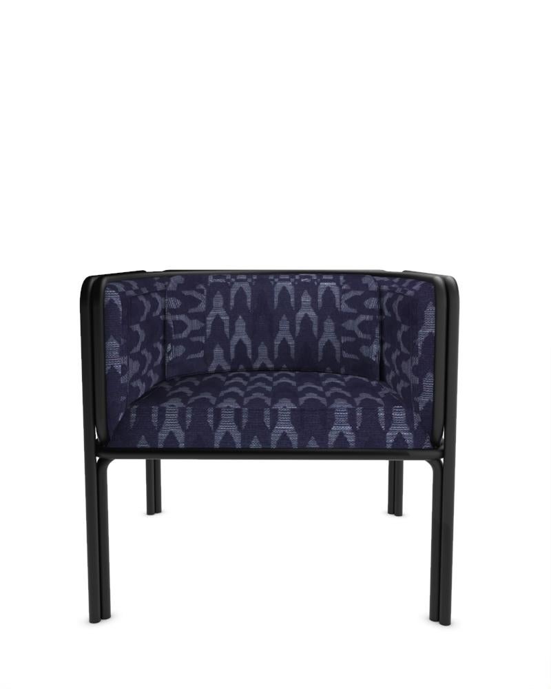 Collector AZ1 Armchair Designed by Francesco Zonca in Baldac Blue Fabric and Black Lacquered Metal

Introducing the AZ1 Armchair – a marriage of rugged strength and refined elegance. This unique chair, seamlessly blends the industrial allure of iron