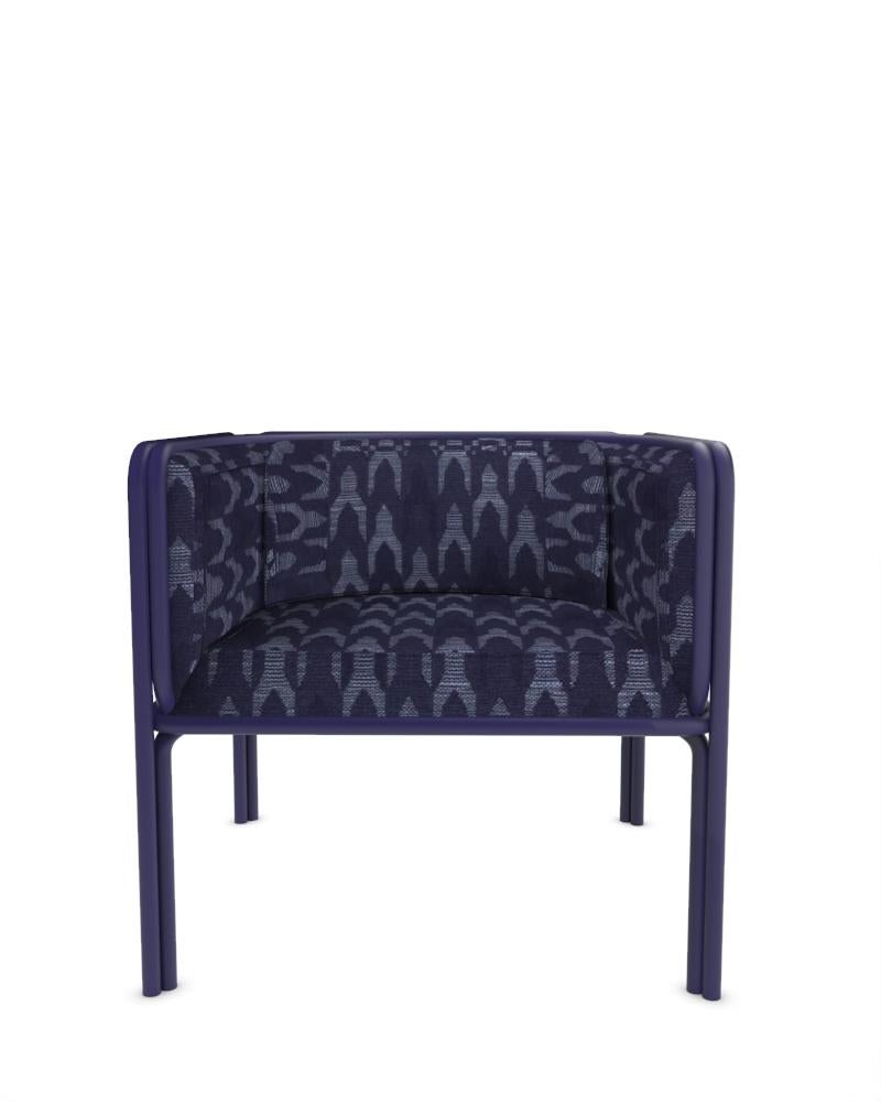 Collector AZ1 Armchair Designed by Francesco Zonca in Baldac Blue Fabric and Dark Blue Lacquered Metal

Introducing the AZ1 Armchair – a marriage of rugged strength and refined elegance. This unique chair, seamlessly blends the industrial allure of