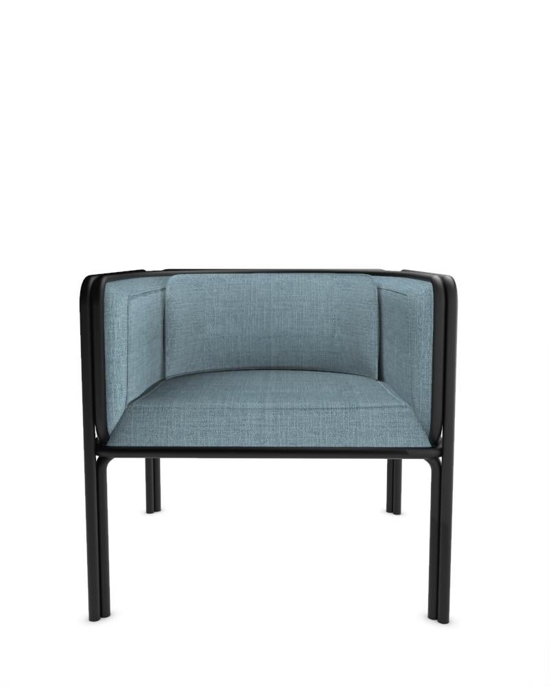 Collector AZ1 Armchair Designed by Francesco Zonca in Famiglia 49 Blue Fabric and Black Lacquered Metal

Introducing the AZ1 Armchair – a marriage of rugged strength and refined elegance. This unique chair, seamlessly blends the industrial allure of