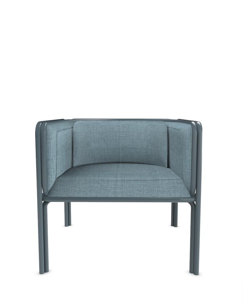 Collector AZ1 Armchair Designed by Francesco Zonca in Famiglia 49 Blue Fabric and Blue Lacquered Metal

Introducing the AZ1 Armchair – a marriage of rugged strength and refined elegance. This unique chair, seamlessly blends the industrial allure of