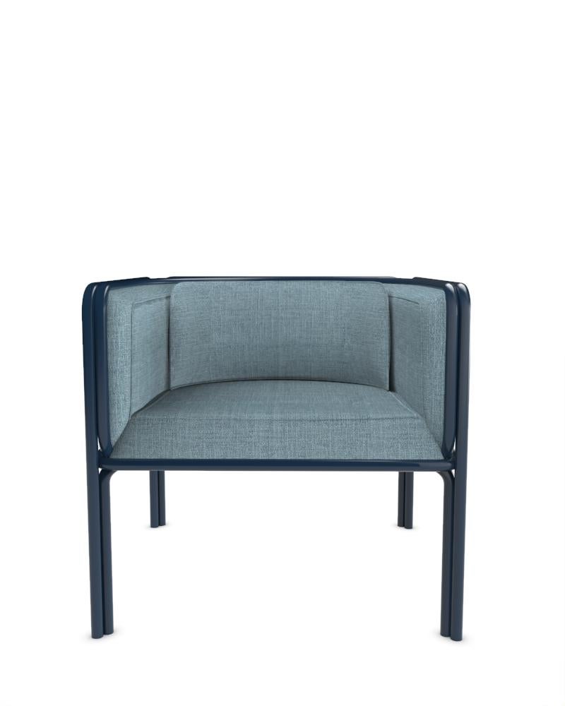 Collector AZ1 Armchair Designed by Francesco Zonca in Famiglia 49 Dark Blue Fabric and Blue Lacquered Metal

Introducing the AZ1 Armchair – a marriage of rugged strength and refined elegance. This unique chair, seamlessly blends the industrial