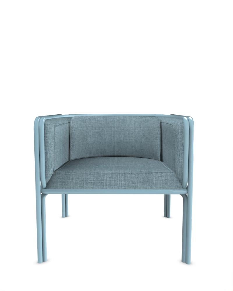 Collector AZ1 Armchair Designed by Francesco Zonca in Famiglia 49 Blue Fabric and Light Blue Lacquered Metal

Introducing the AZ1 Armchair – a marriage of rugged strength and refined elegance. This unique chair, seamlessly blends the industrial