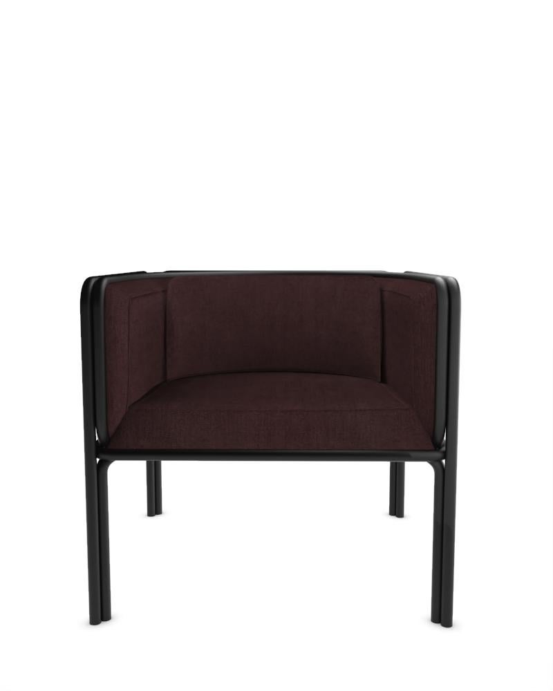 Collector AZ1 Armchair Designed by Francesco Zonca in Famiglia 52 Bordeaux Fabric and Black Lacquered Metal

Introducing the AZ1 Armchair – a marriage of rugged strength and refined elegance. This unique chair, seamlessly blends the industrial