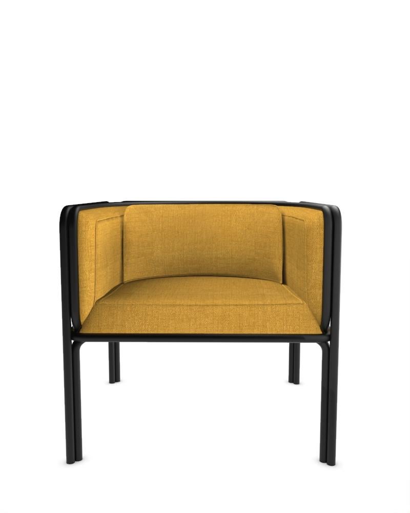 Collector AZ1 Armchair Designed by Francesco Zonca in Famiglia 20 Burnt Yellow Fabric and Black Lacquered Metal

Introducing the AZ1 Armchair – a marriage of rugged strength and refined elegance. This unique chair, seamlessly blends the industrial