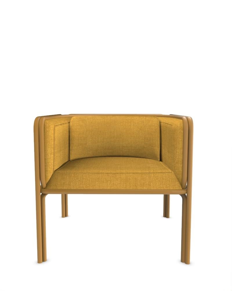 Collector AZ1 Armchair Designed by Francesco Zonca in Famiglia 20 Burnt Yellow Fabric and Burnt Yellow Lacquered Metal

Introducing the AZ1 Armchair – a marriage of rugged strength and refined elegance. This unique chair, seamlessly blends the