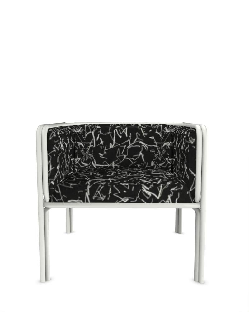 Collector AZ1 Armchair Designed by Francesco Zonca in Scribble Noir Fabric and White Lacquered Metal

Introducing the AZ1 Armchair – a marriage of rugged strength and refined elegance. This unique chair, seamlessly blends the industrial allure of