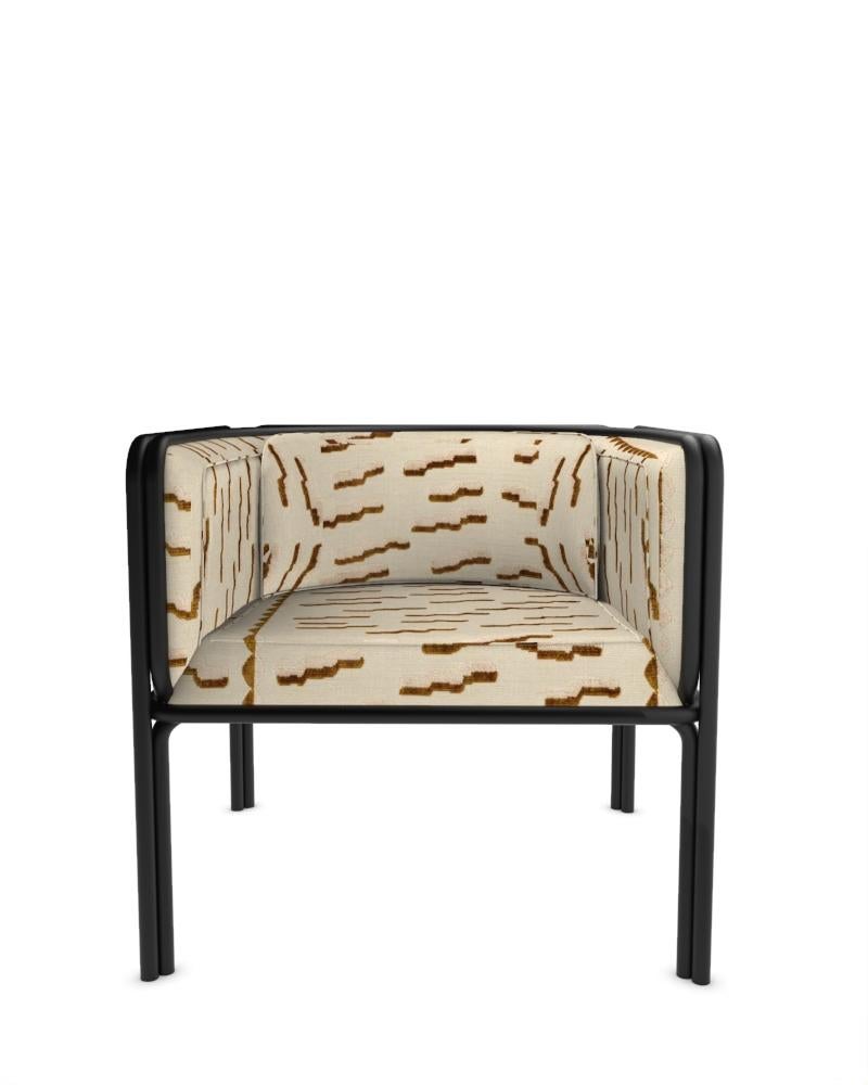Collector AZ1 Armchair Designed by Francesco Zonca in Dedar - Tiger Beat Milano Tabacco Fabric and Black Lacquered Metal

Introducing the AZ1 Armchair – a marriage of rugged strength and refined elegance. This unique chair, seamlessly blends the