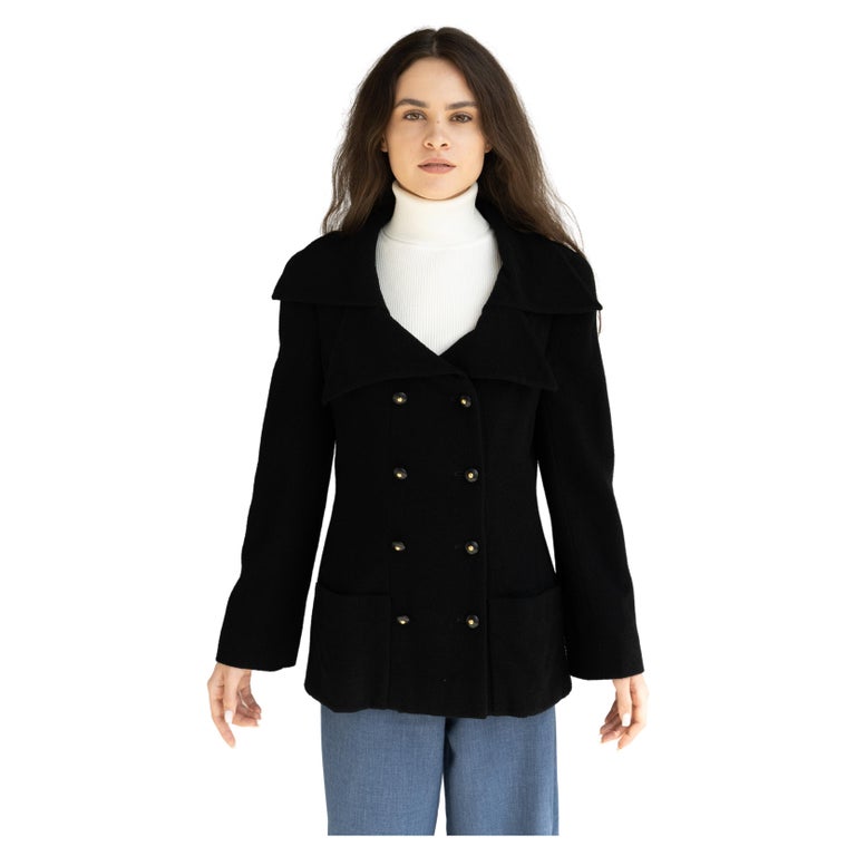 Chanel FR36 Black Shearling Pea Coat Jacket For Sale at 1stDibs