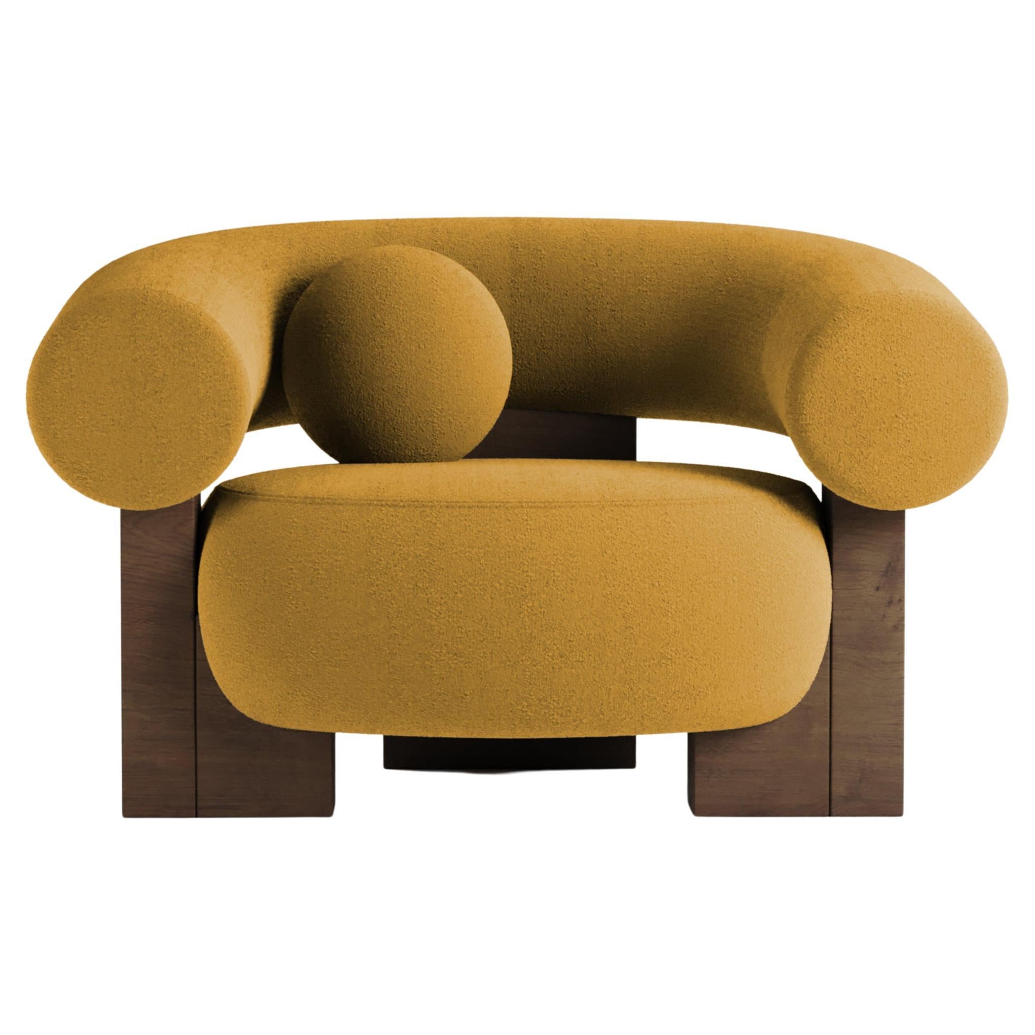 Collector Contemporary Modern Cassette Armchair in Boucle Mustard Smoked Oak For Sale