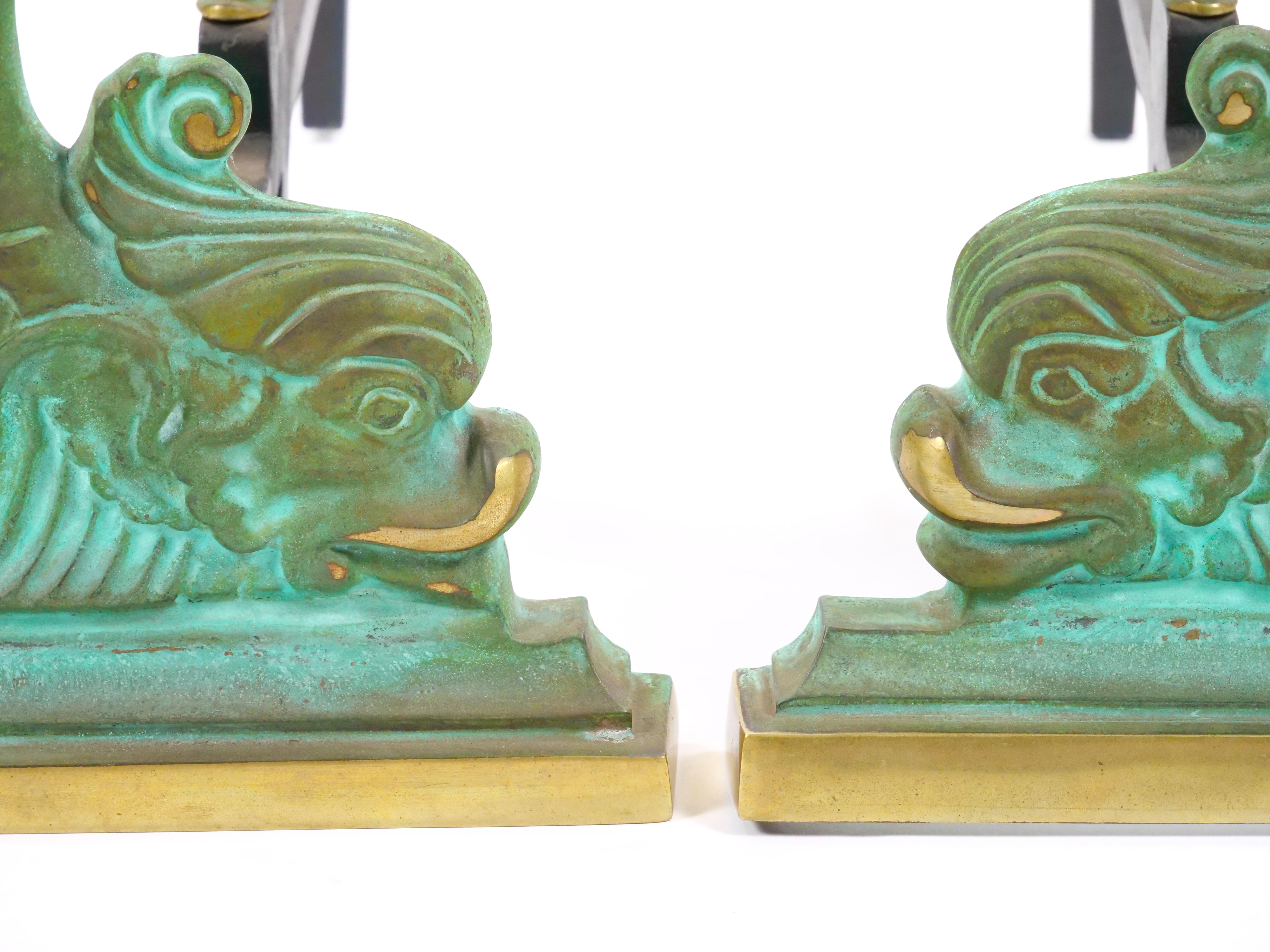 Collector Craftsmanship Dolphin sculpture Brass / Wrought Iron Andirons For Sale 4