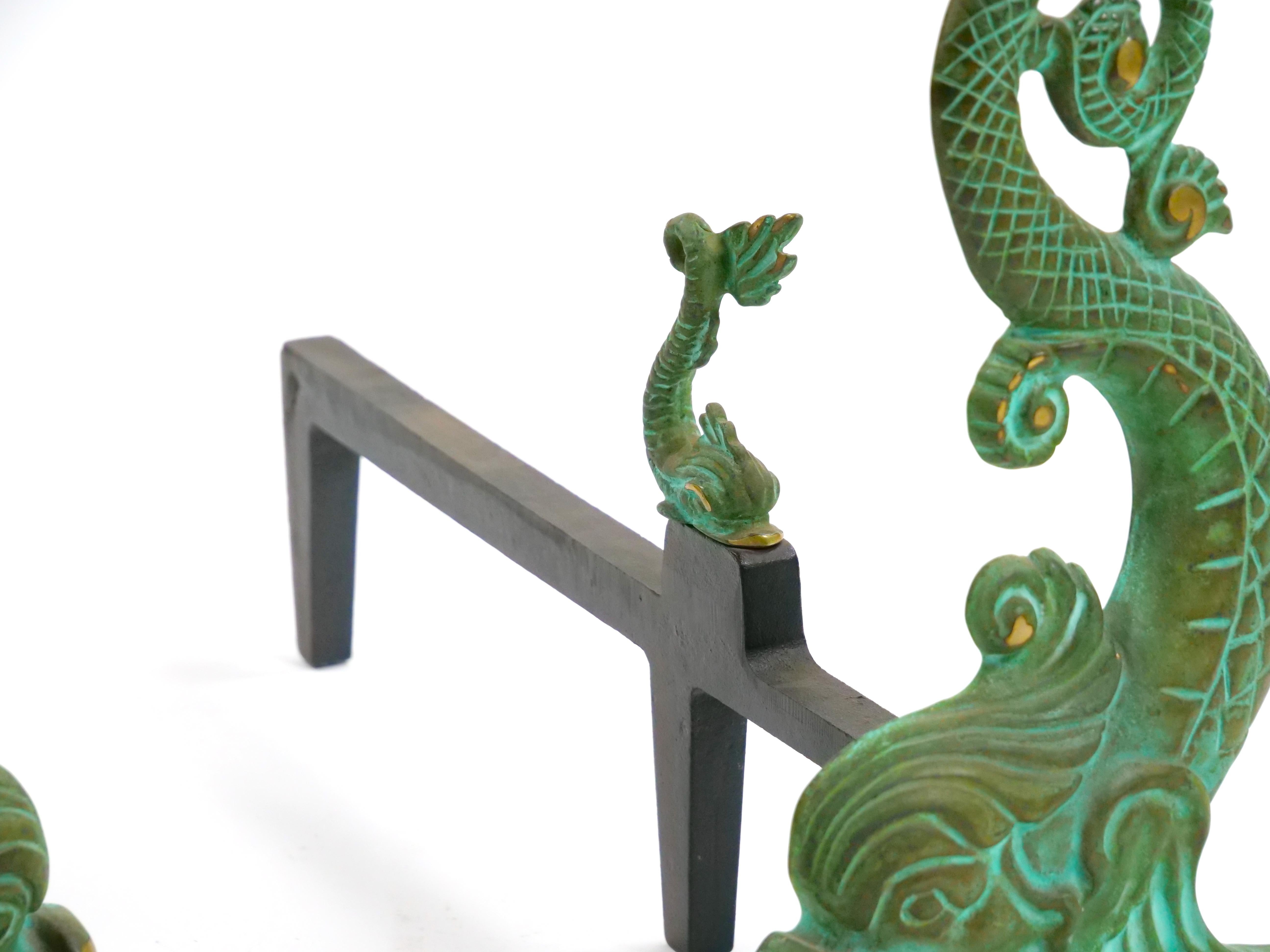 Collector Craftsmanship Dolphin sculpture Brass / Wrought Iron Andirons For Sale 6