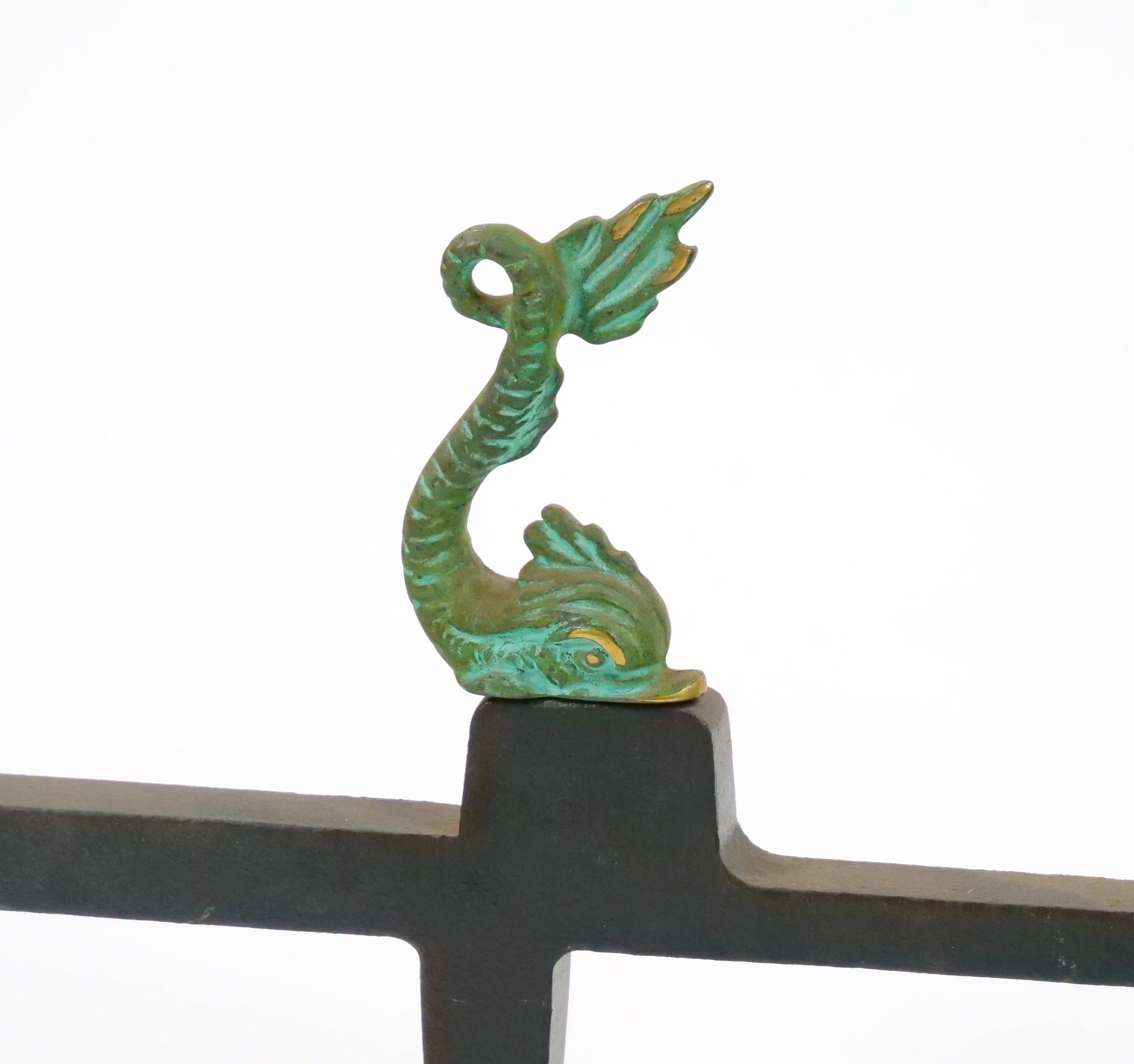 Collector Craftsmanship Dolphin sculpture Brass / Wrought Iron Andirons For Sale 7