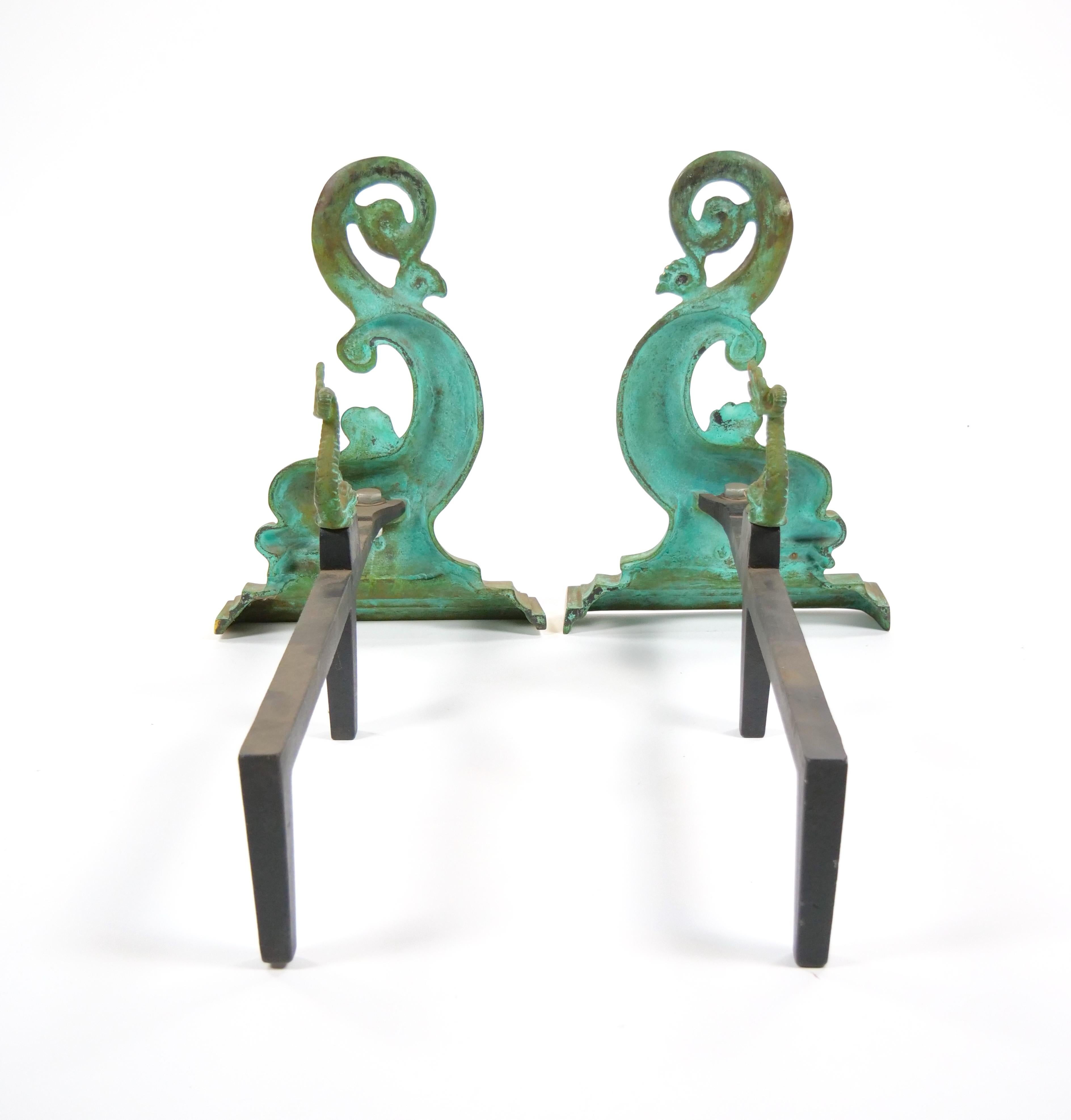 Collector Craftsmanship Dolphin sculpture Brass / Wrought Iron Andirons For Sale 8