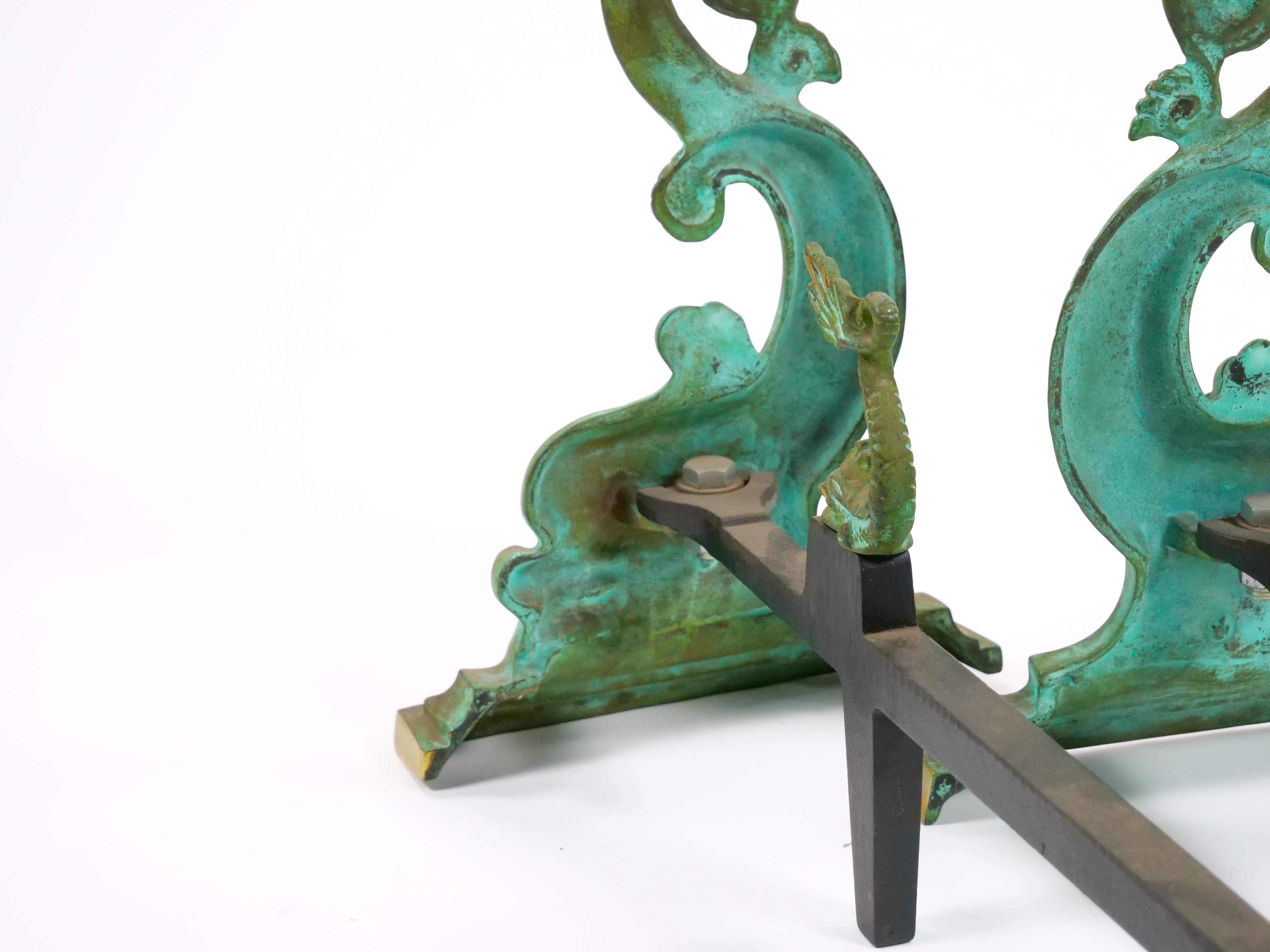 Collector Craftsmanship Dolphin sculpture Brass / Wrought Iron Andirons For Sale 9