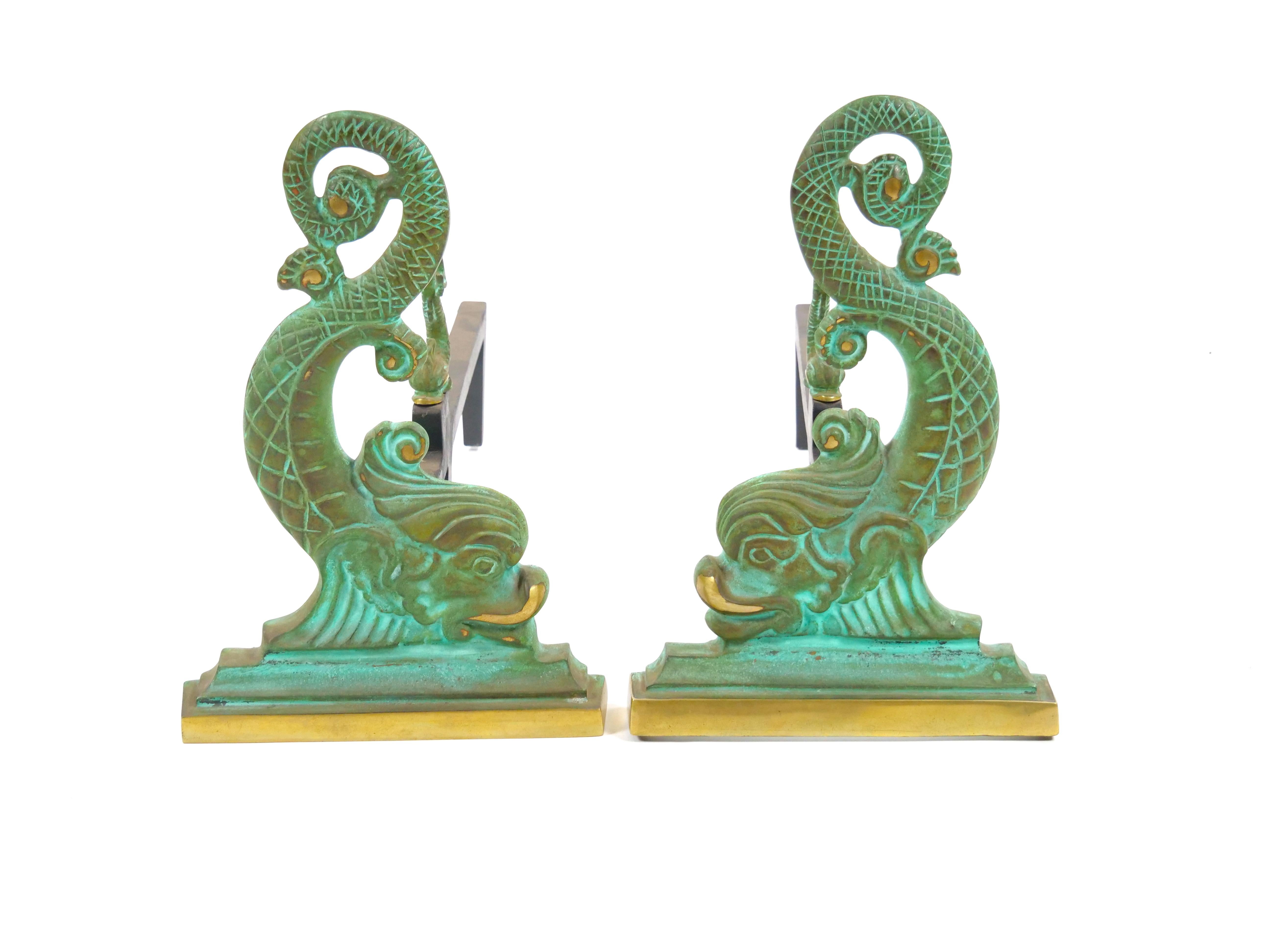 Collector Craftsmanship Dolphin sculpture Brass / Wrought Iron Andirons For Sale 10