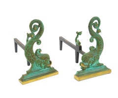 Collector Craftsmanship Dolphin sculpture Brass / Wrought Iron Andirons