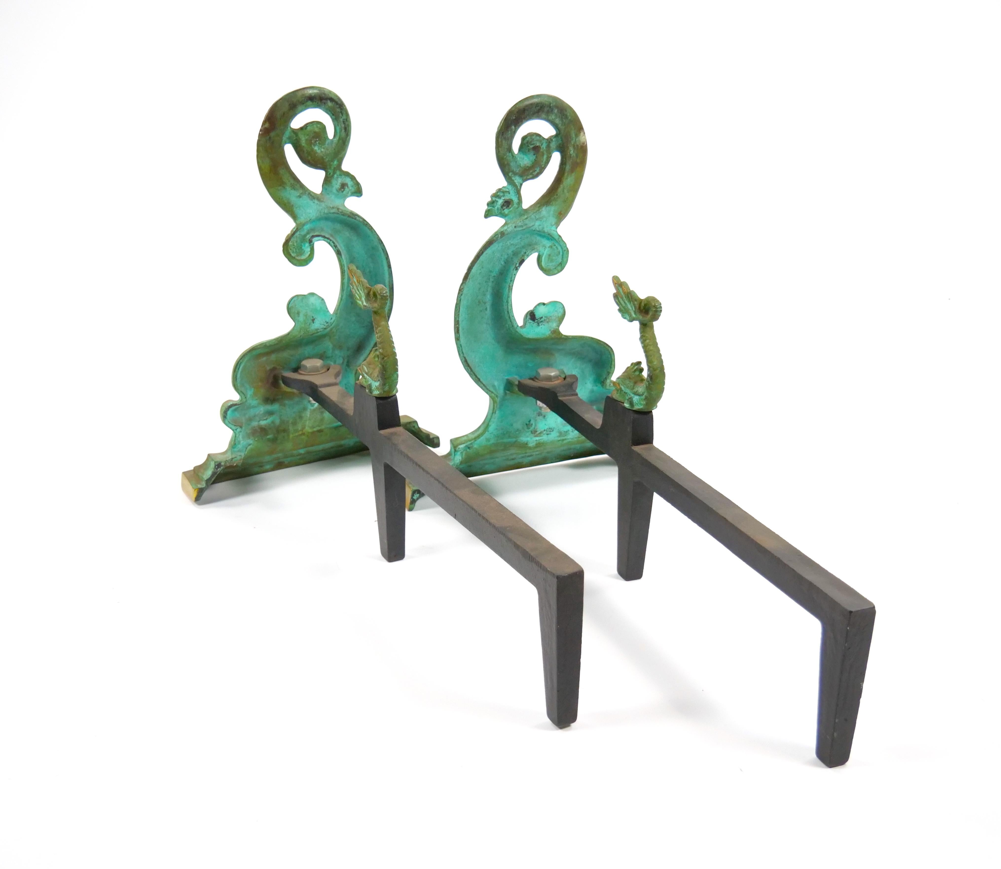 Rustic Collector Craftsmanship Dolphin sculpture Brass / Wrought Iron Andirons For Sale