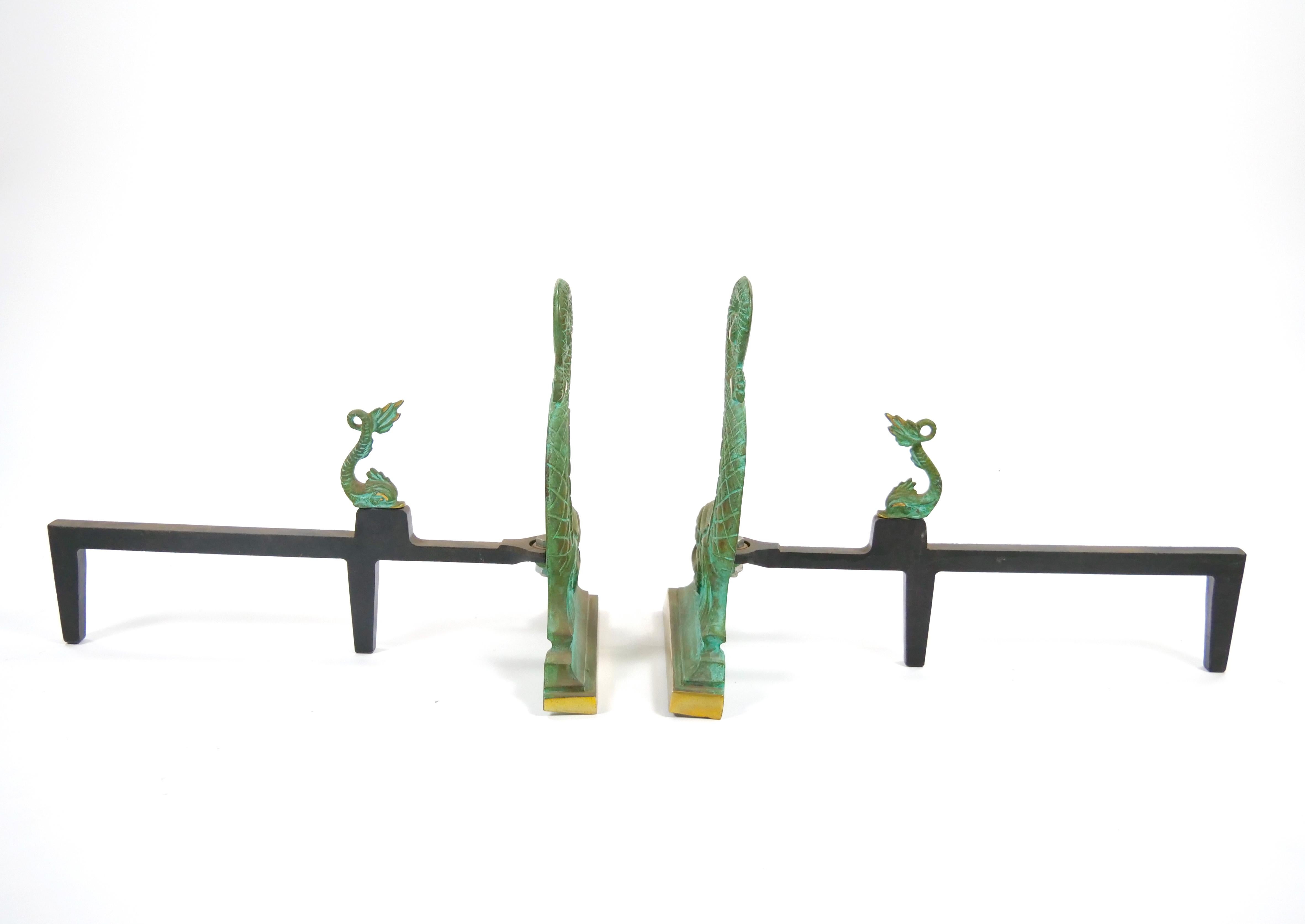 Italian Collector Craftsmanship Dolphin sculpture Brass / Wrought Iron Andirons For Sale