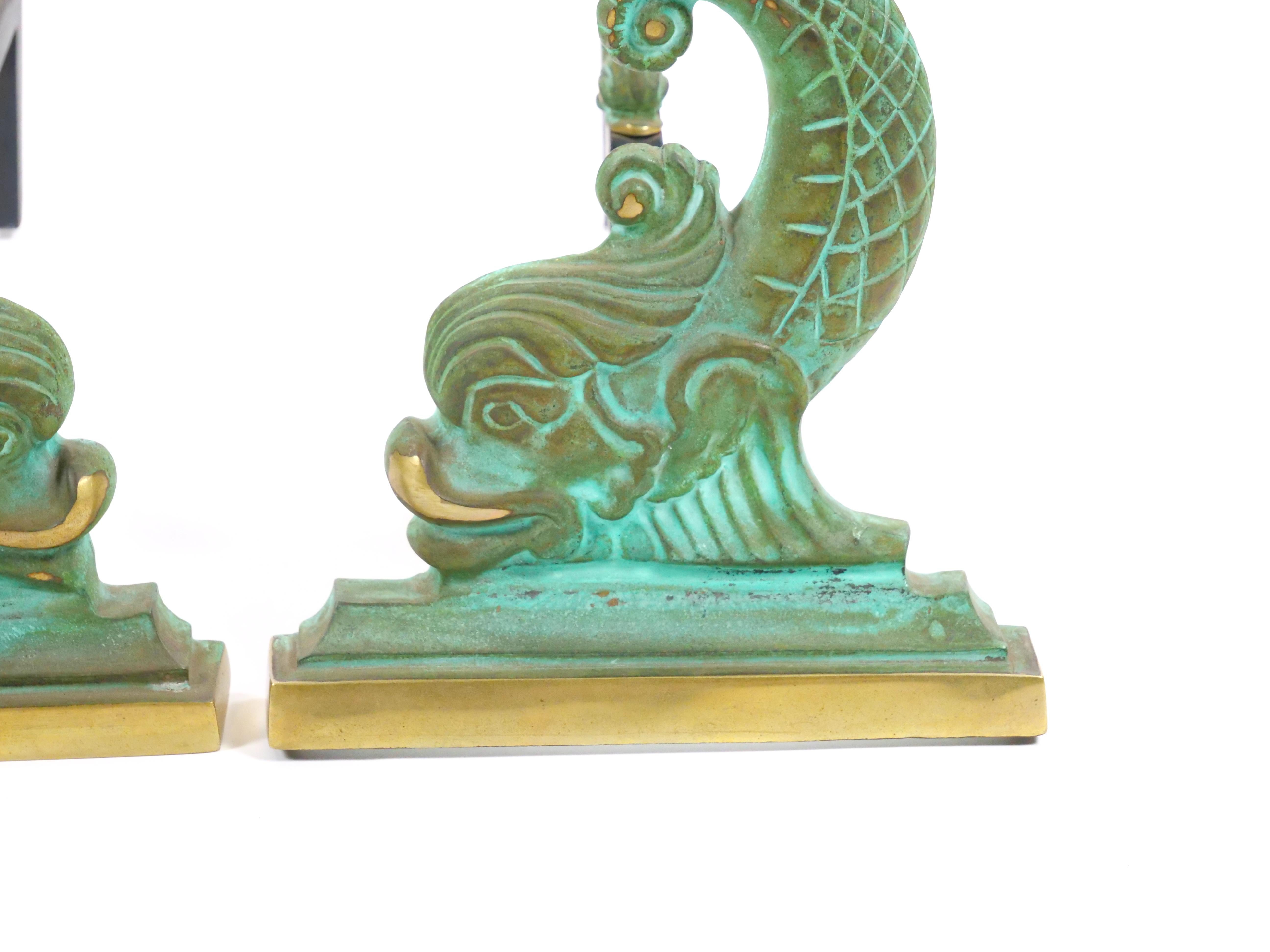 Gilt Collector Craftsmanship Dolphin sculpture Brass / Wrought Iron Andirons For Sale