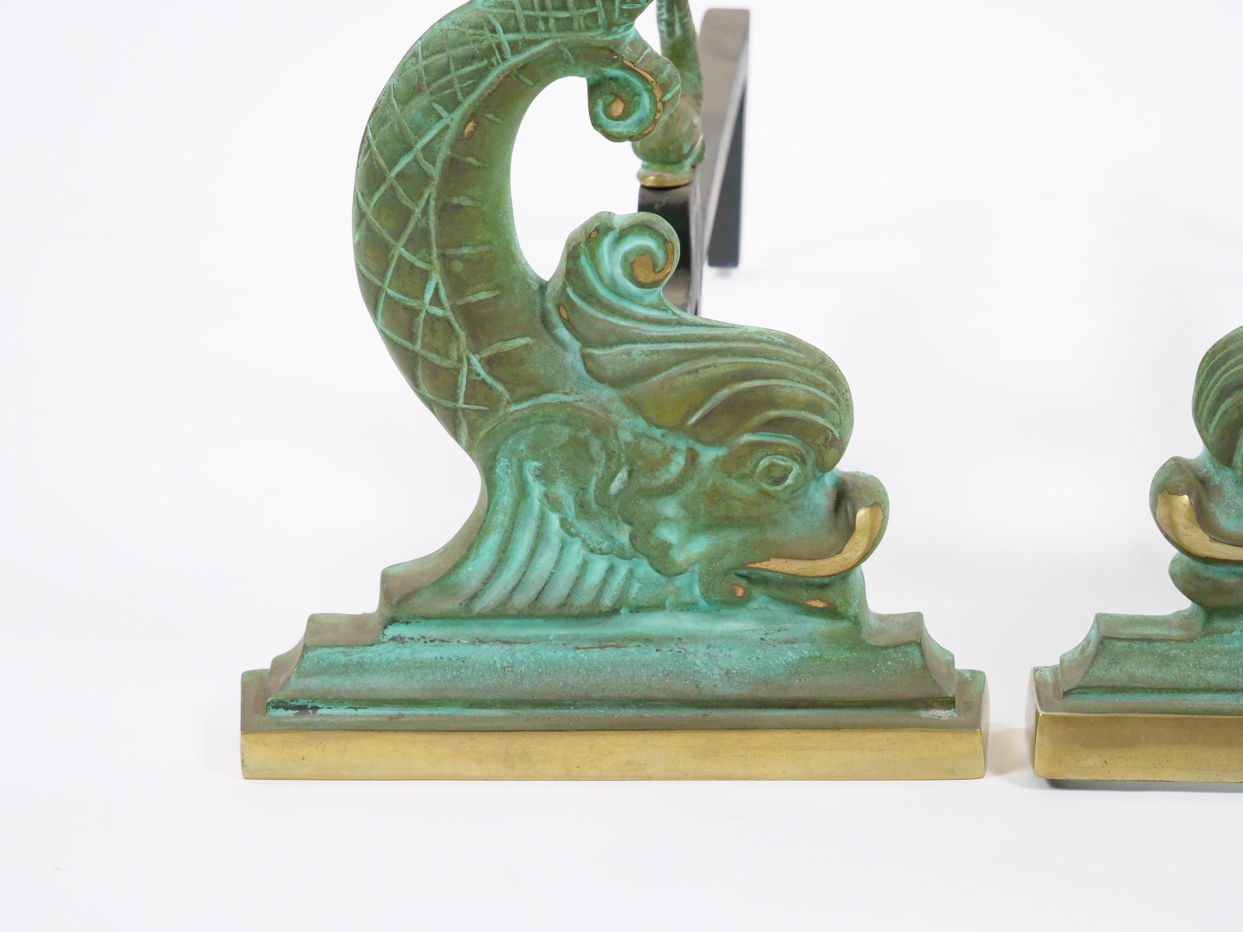 Collector Craftsmanship Dolphin sculpture Brass / Wrought Iron Andirons In Good Condition For Sale In Tarry Town, NY