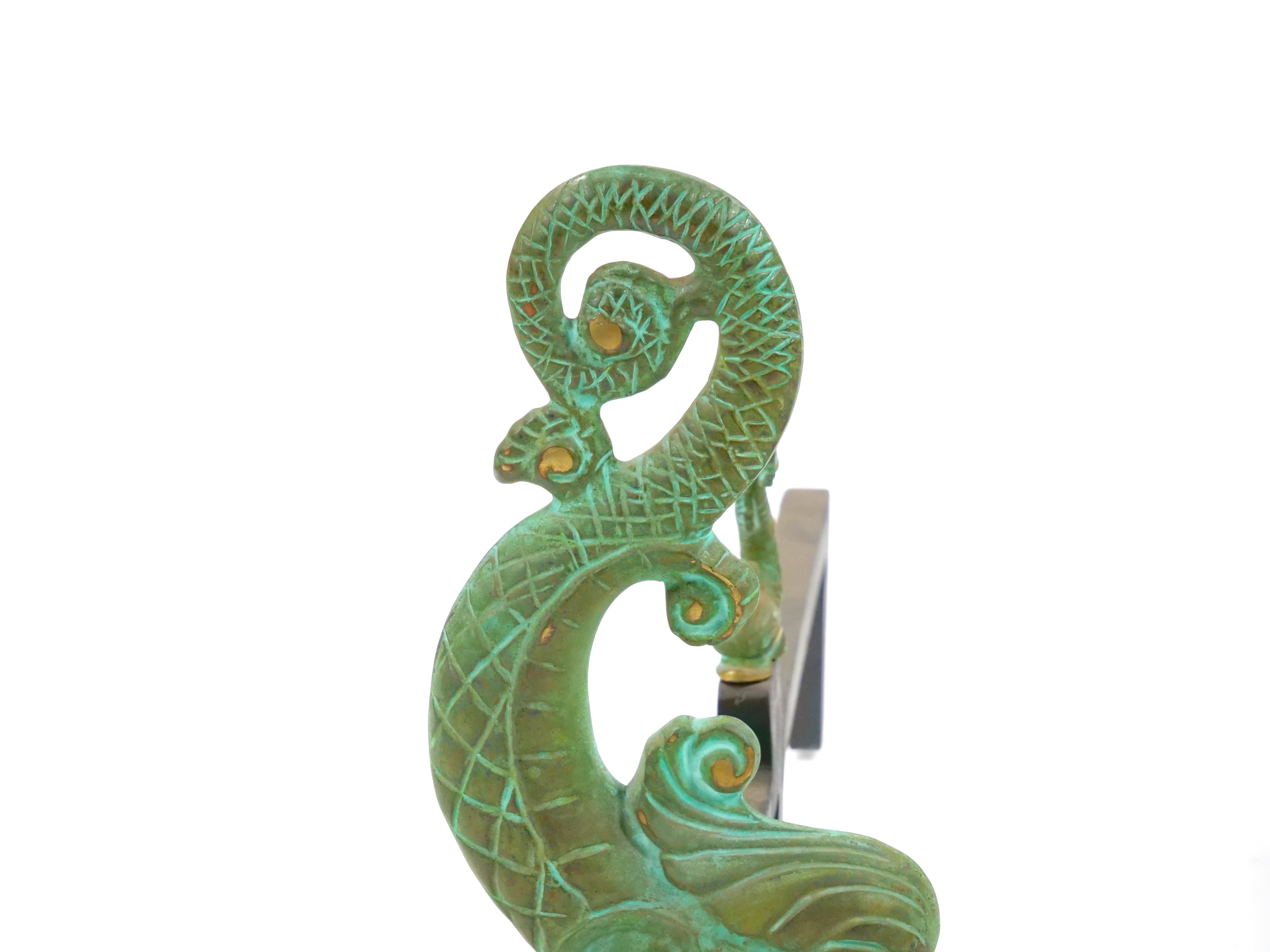 20th Century Collector Craftsmanship Dolphin sculpture Brass / Wrought Iron Andirons For Sale