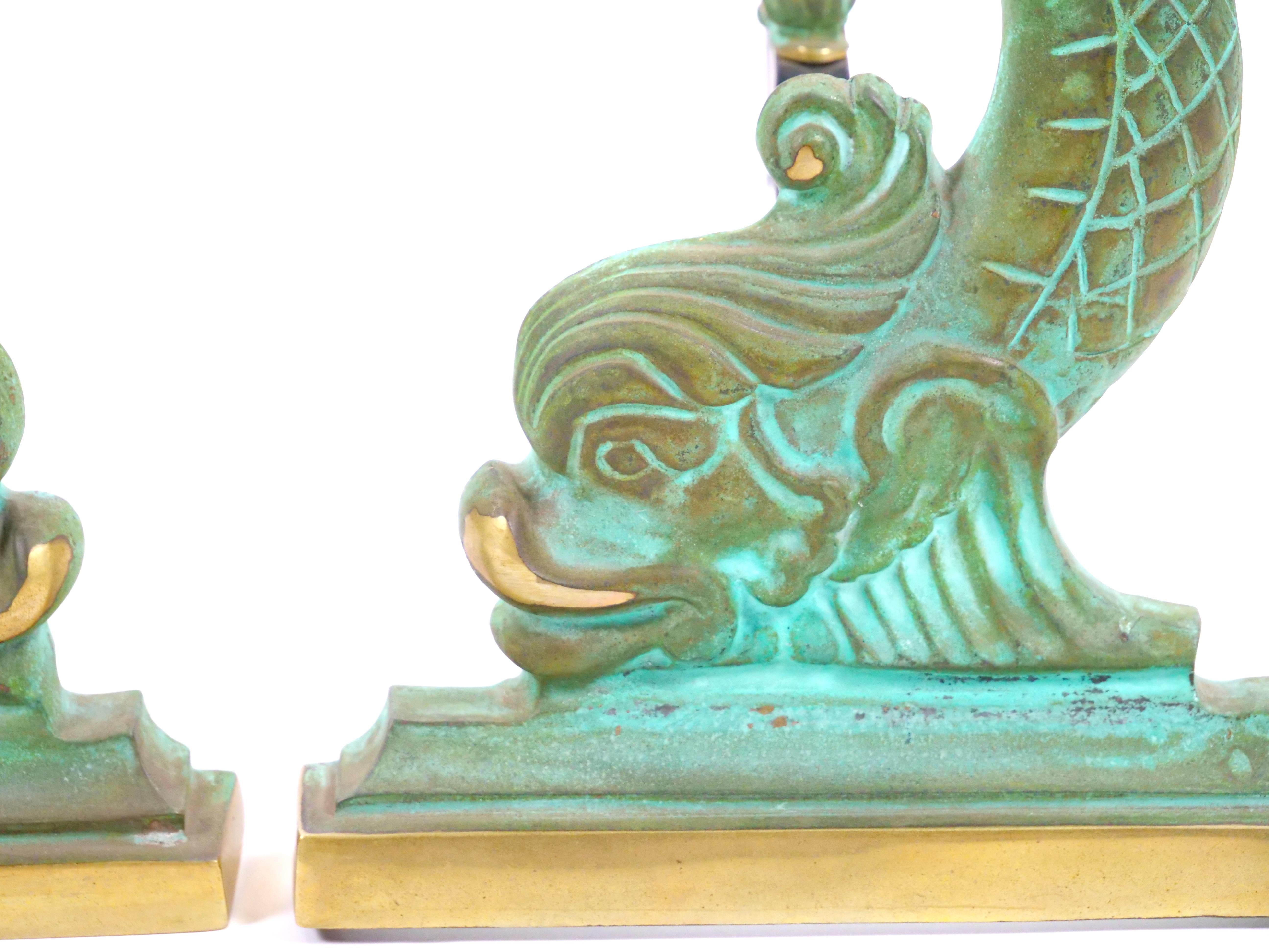 Collector Craftsmanship Dolphin sculpture Brass / Wrought Iron Andirons For Sale 2