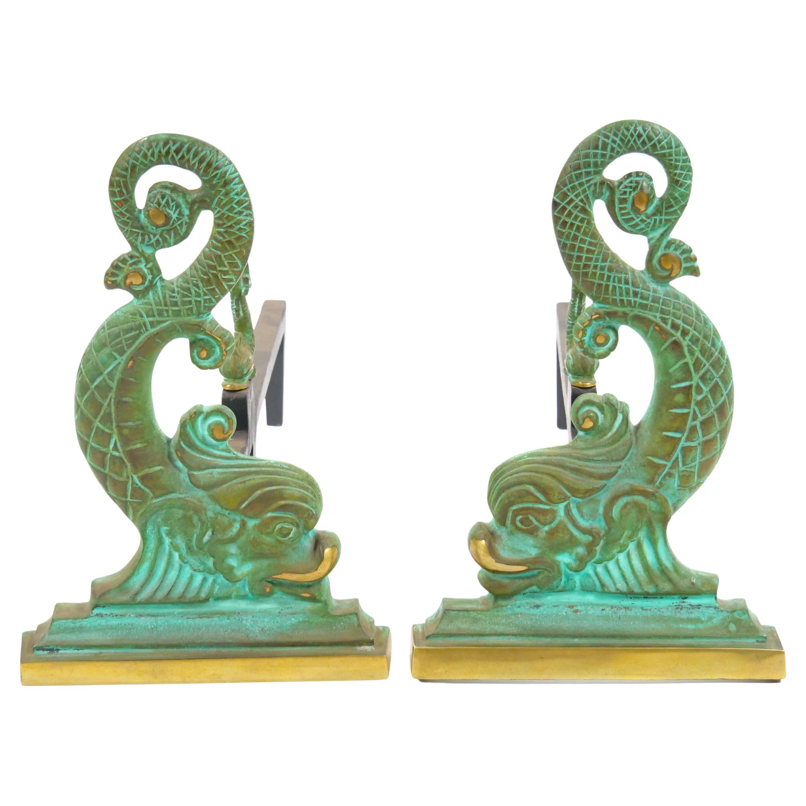 Collector Craftsmanship Dolphin sculpture Brass / Wrought Iron Andirons