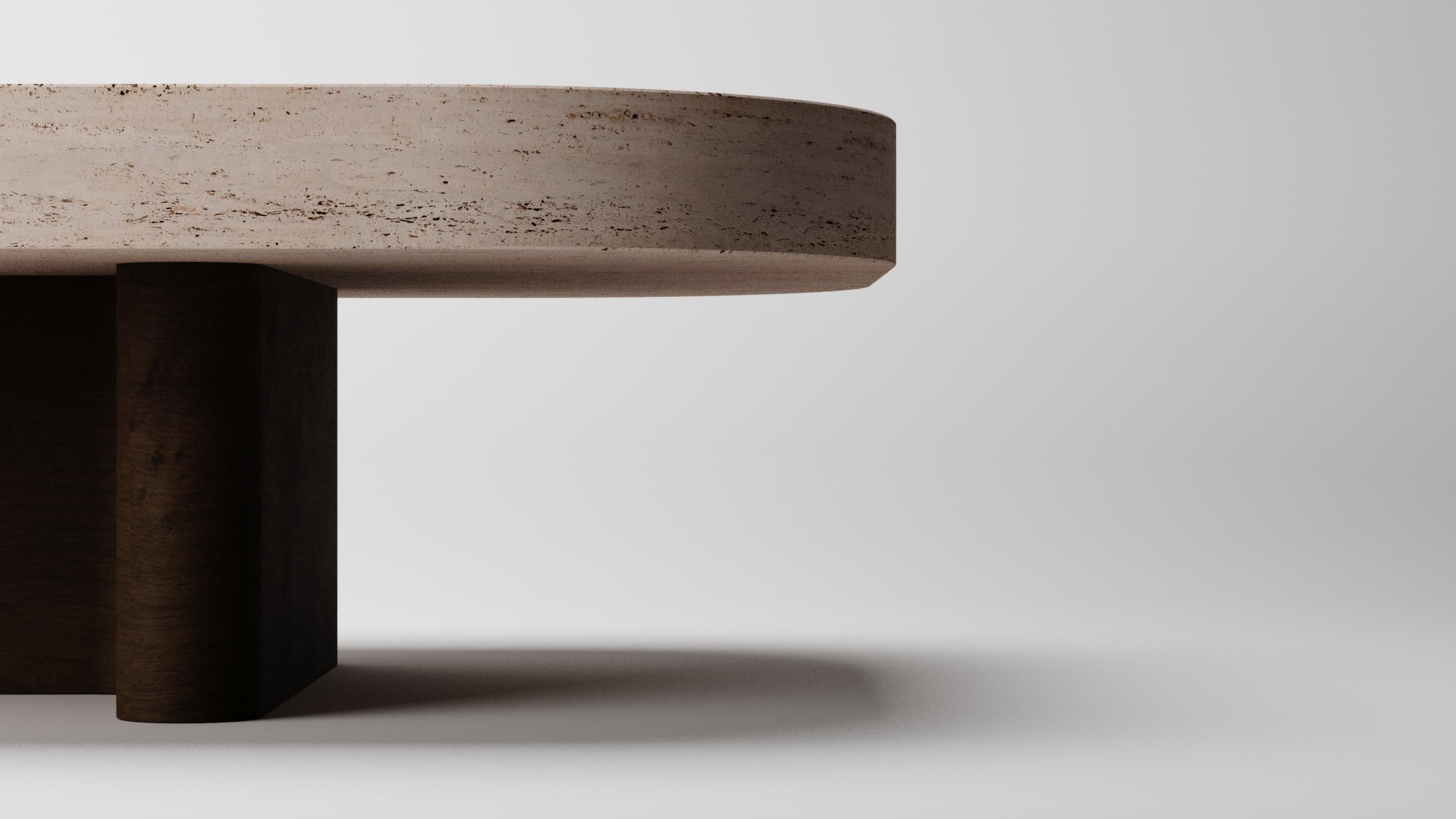 Européen Collector -Designed by Studio Rig Table centrale Meco Chêne foncé et Travertino en vente