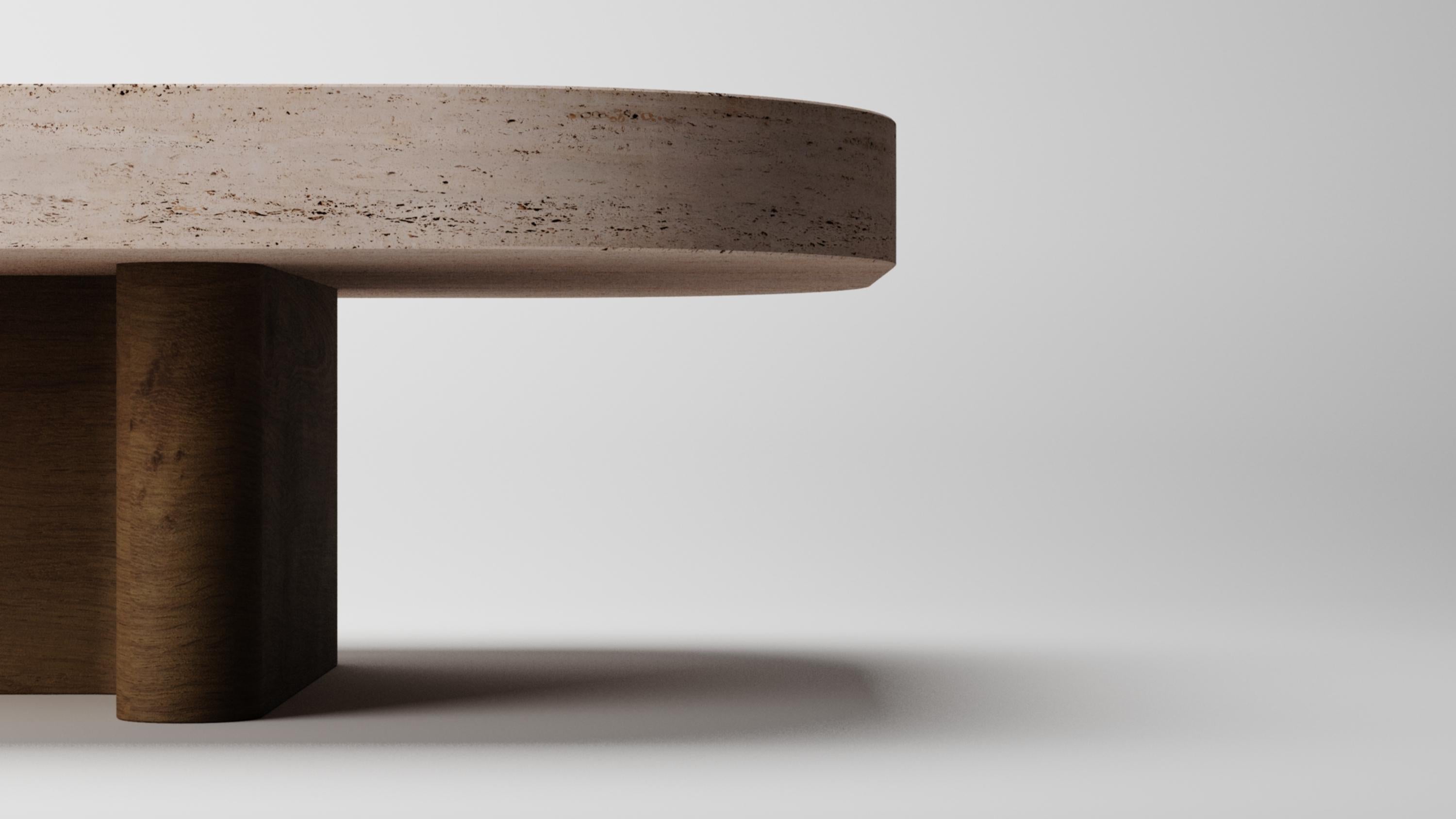 Collector -Designed by Studio Rig Meco Center Table Eiche geräuchert und Travertino (Europäisch) im Angebot