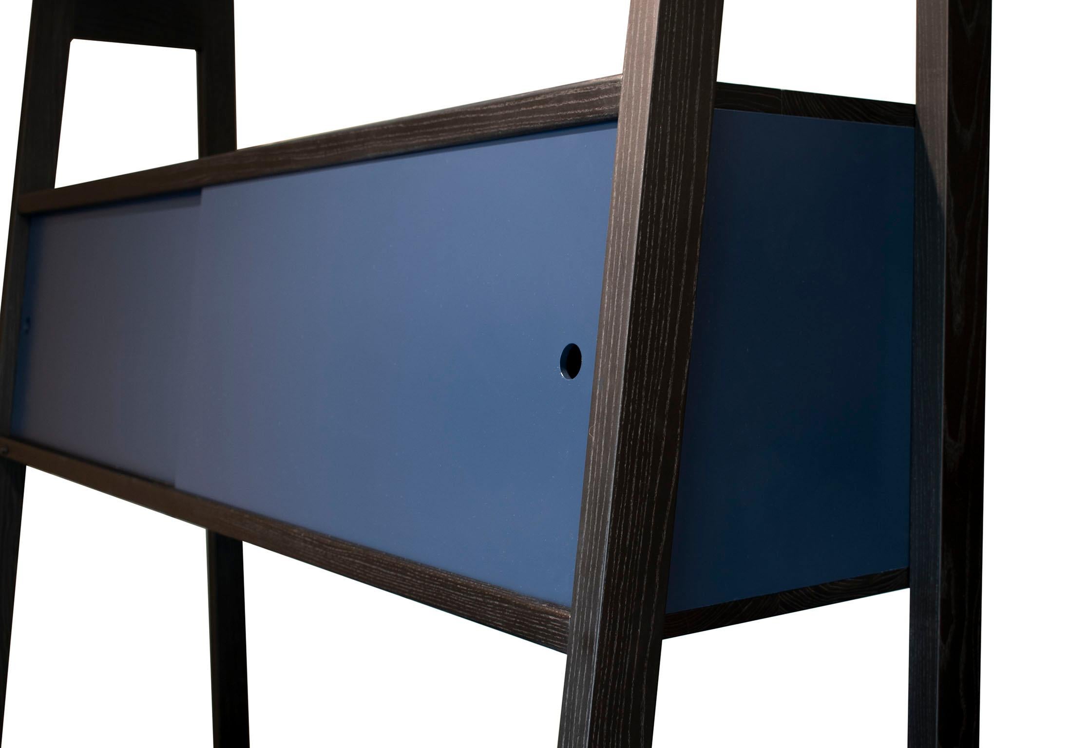 American Collector Desk in Blackened Ashwood with Blue Lacquered Sliding Doors For Sale