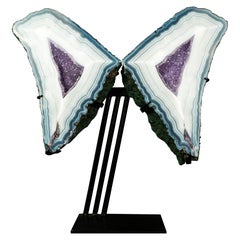 Sammler Qualität Achat Geode Schmetterling Flügel mit blauen und weißen Spitze Bands
