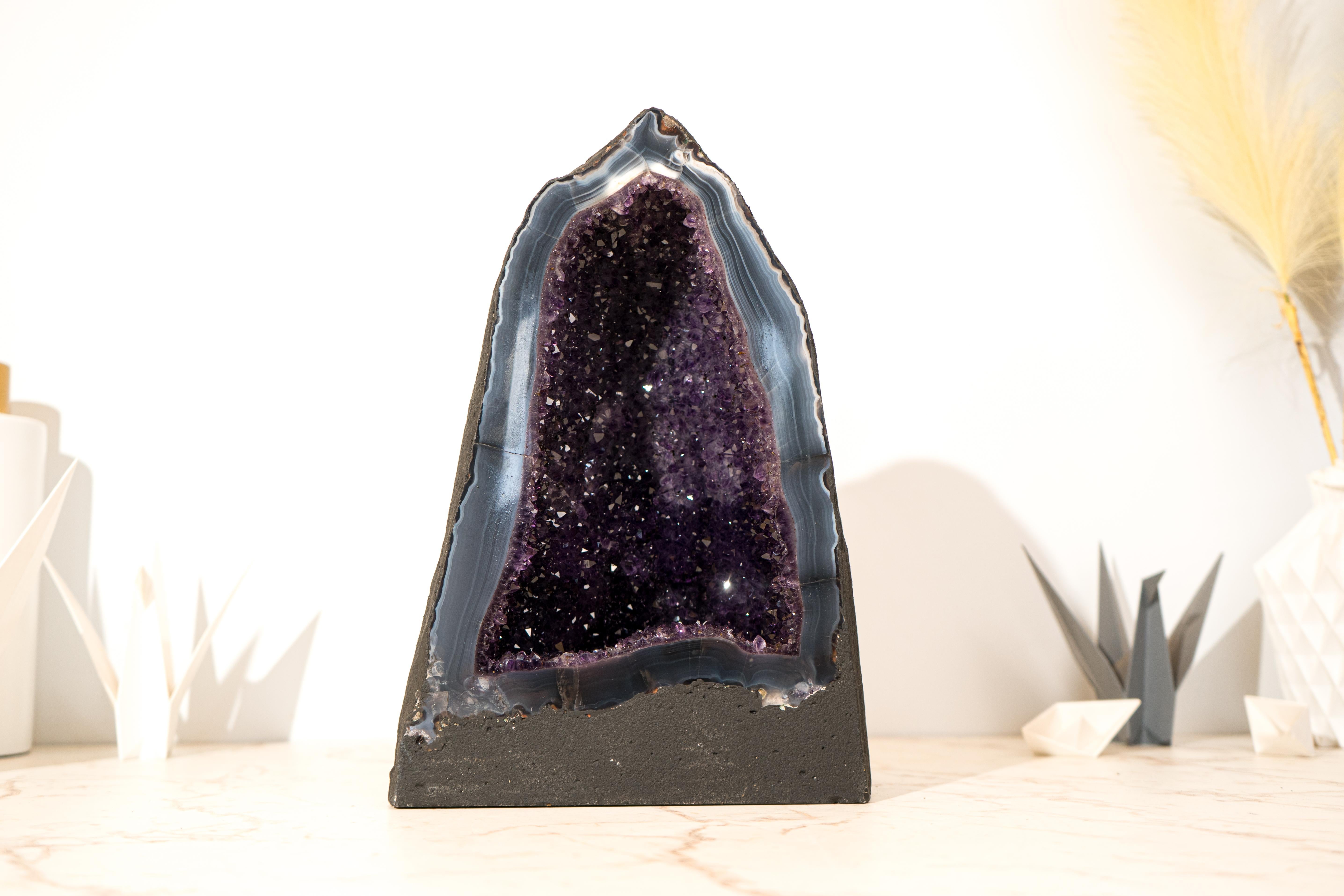 Collector-Grade Deep Purple Amethyst Geode on Intact Blue Lace Agate Lace Matrix For Sale 4