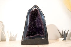 Géode d'améthyste violette profonde de qualité Collector sur matrice intacte d'agate bleue en dentelle