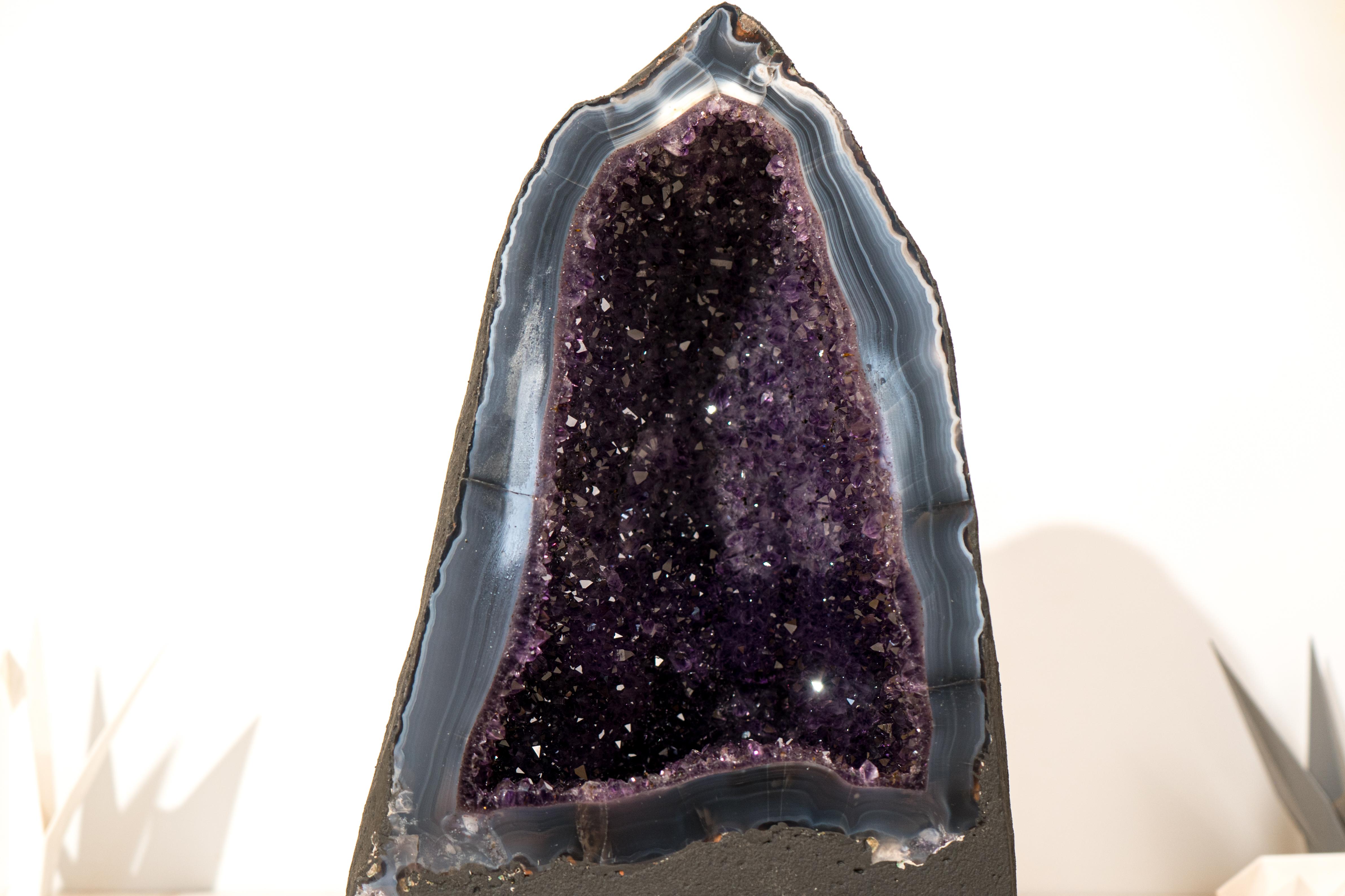 Brazilian Collector-Grade Deep Purple Amethyst Geode on Intact Blue Lace Agate Lace Matrix For Sale
