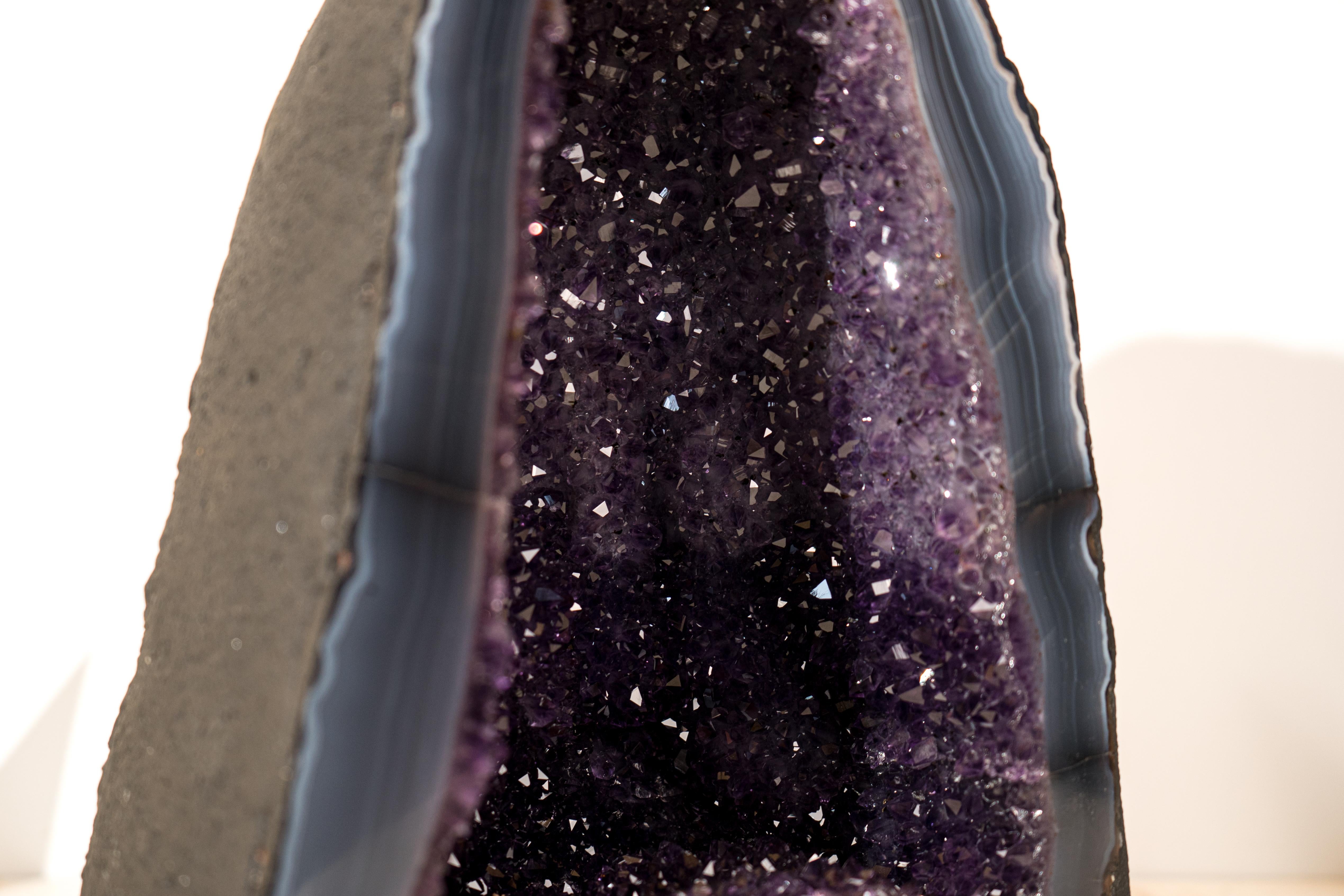 Contemporary Collector-Grade Deep Purple Amethyst Geode on Intact Blue Lace Agate Lace Matrix For Sale