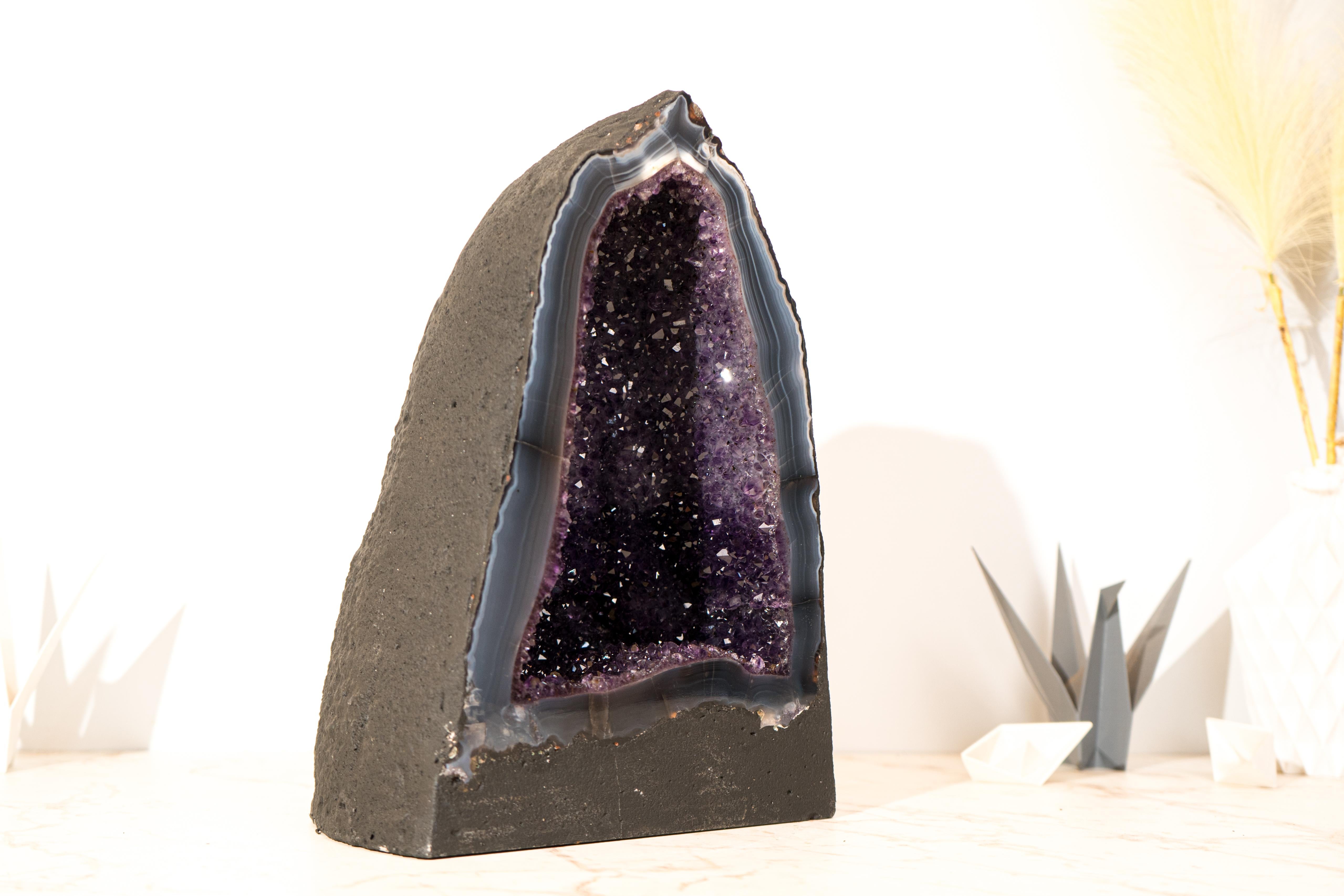 Collector-Grade Deep Purple Amethyst Geode on Intact Blue Lace Agate Lace Matrix For Sale 1
