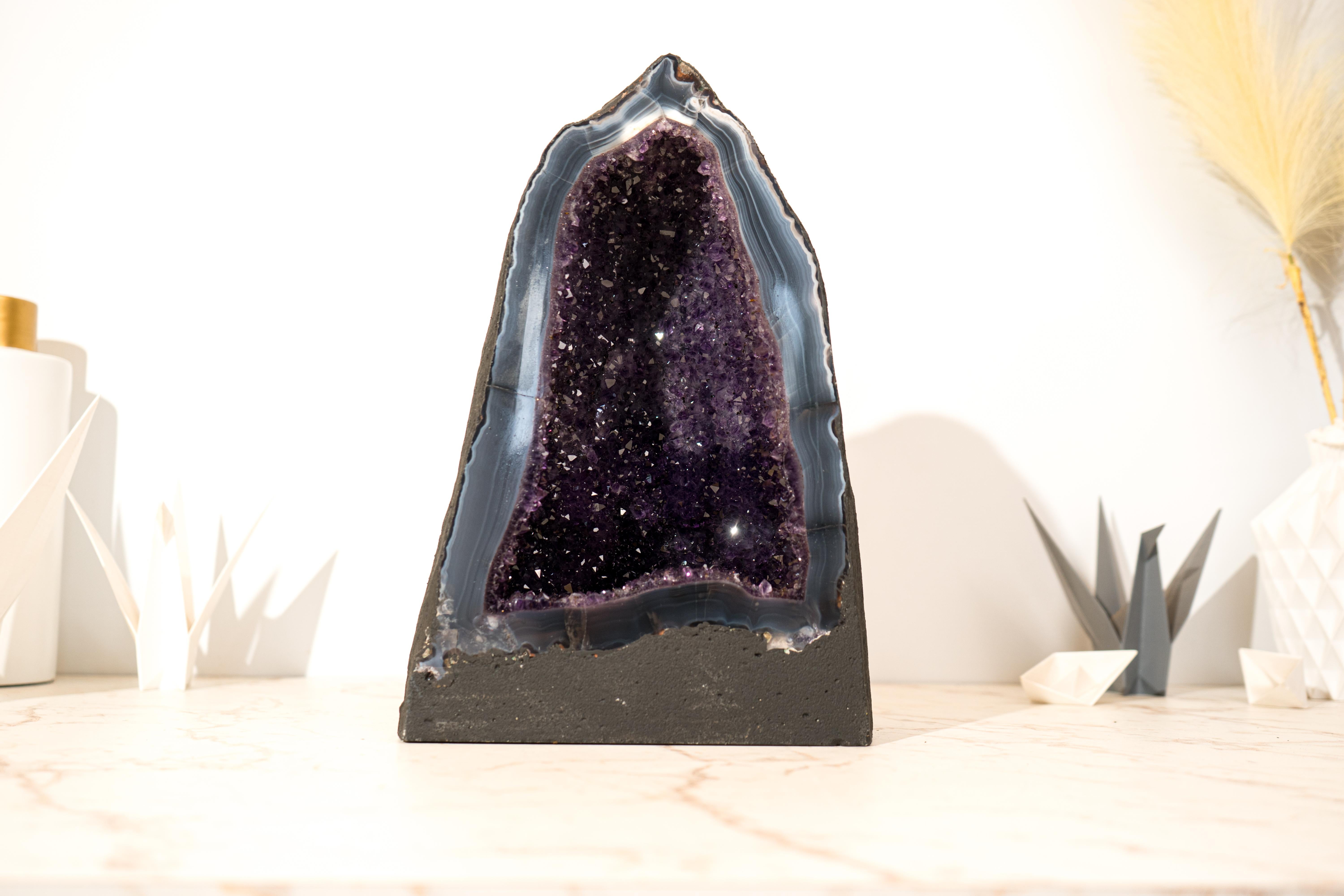 Collector-Grade Deep Purple Amethyst Geode on Intact Blue Lace Agate Lace Matrix For Sale 3