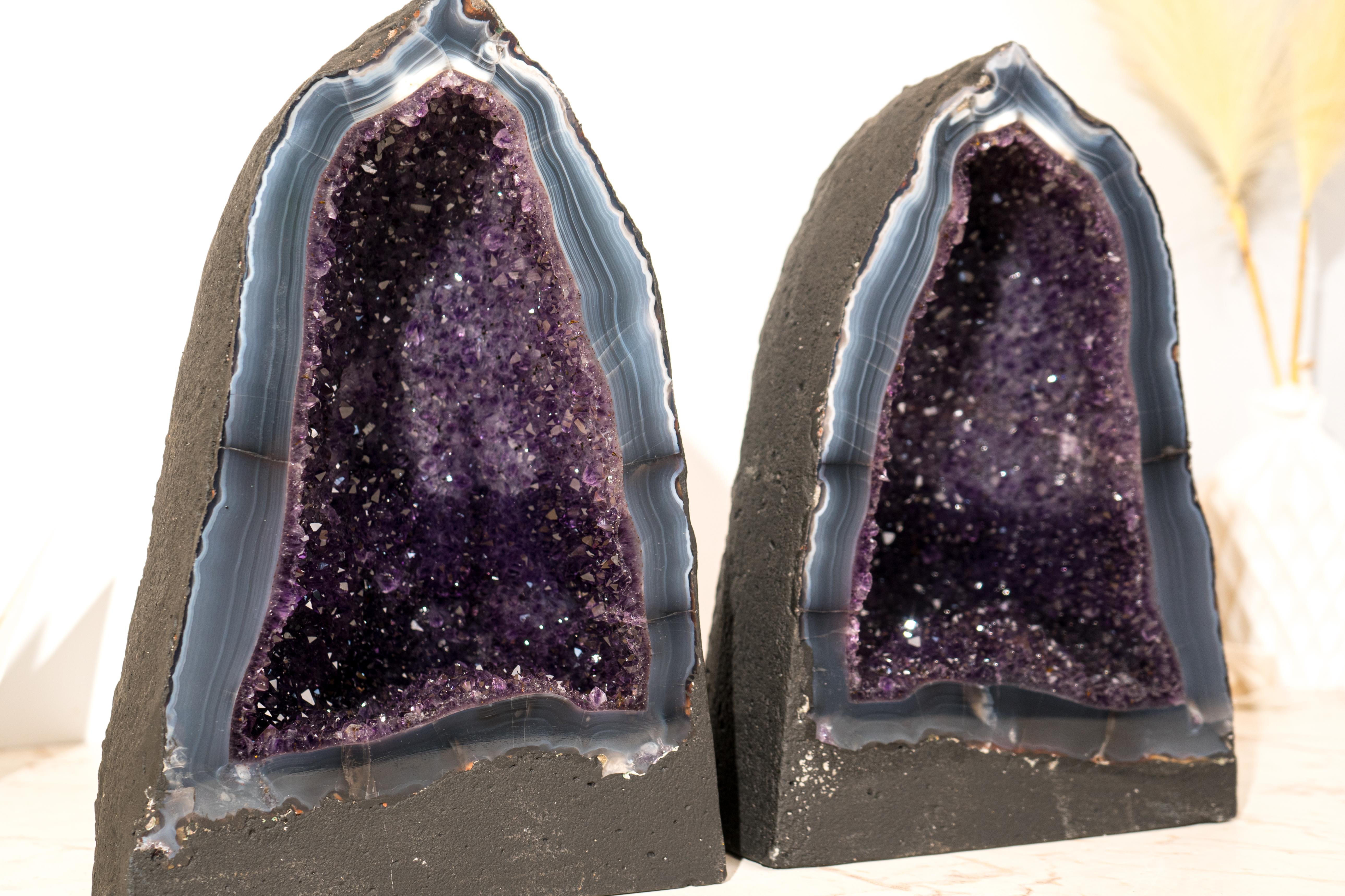 Collector-Grade Pair of Deep Purple Amethyst Geodes on Intact Blue Lace Agate For Sale 6