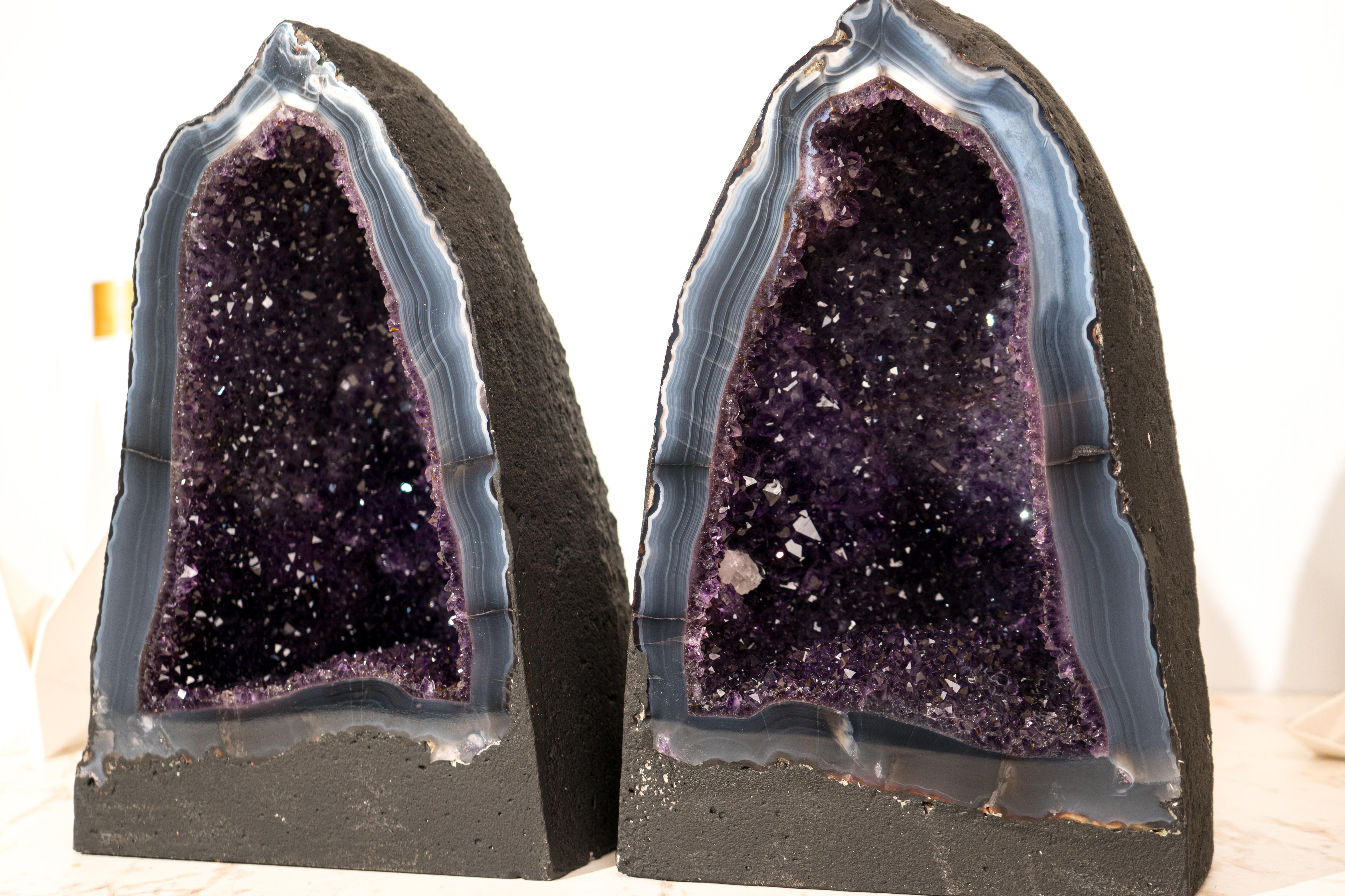 Brazilian Collector-Grade Pair of Deep Purple Amethyst Geodes on Intact Blue Lace Agate For Sale