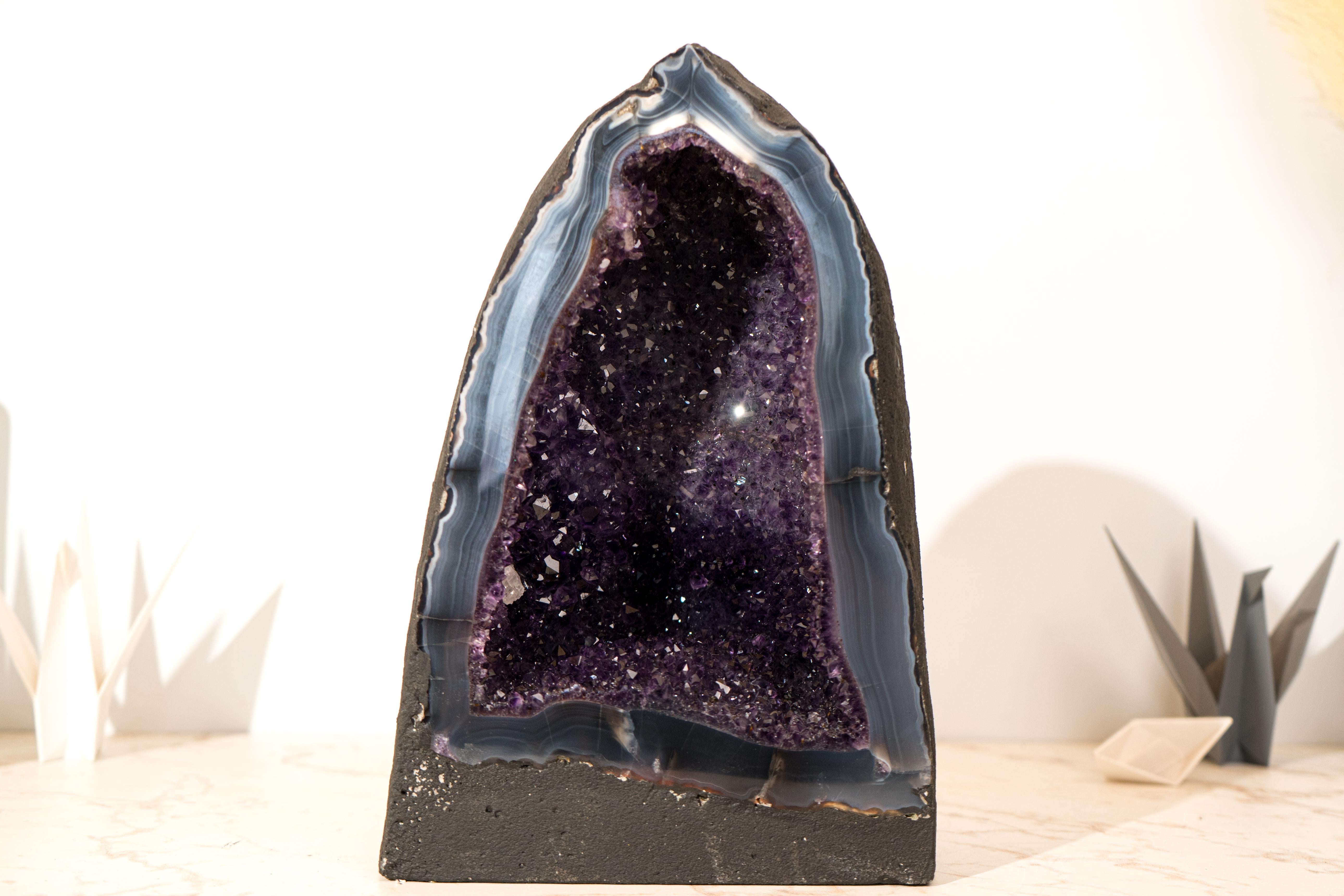 Collector-Grade Pair of Deep Purple Amethyst Geodes on Intact Blue Lace Agate For Sale 1