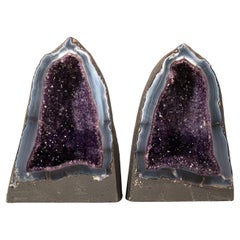 Collector-Grade Pair of Deep Purple Amethyst Geodes on Intact Blue Lace Agate
